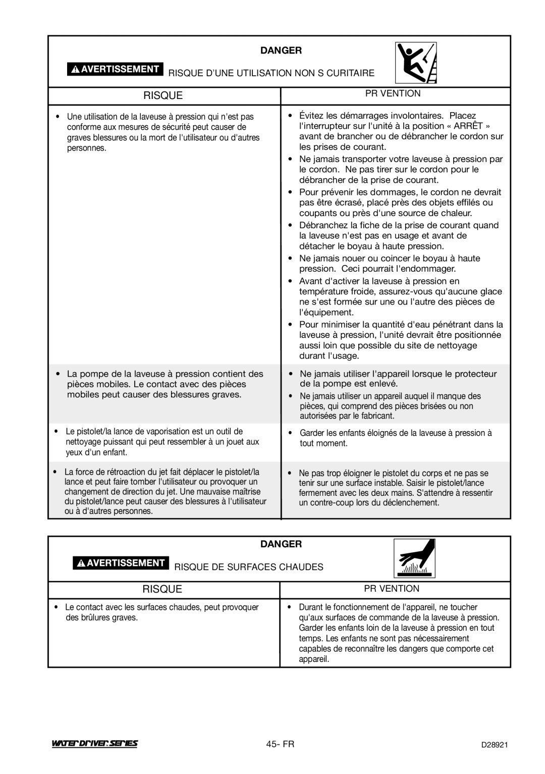 DeVillbiss Air Power Company D28921, WD1600E operation manual Risque DE Surfaces Chaudes 