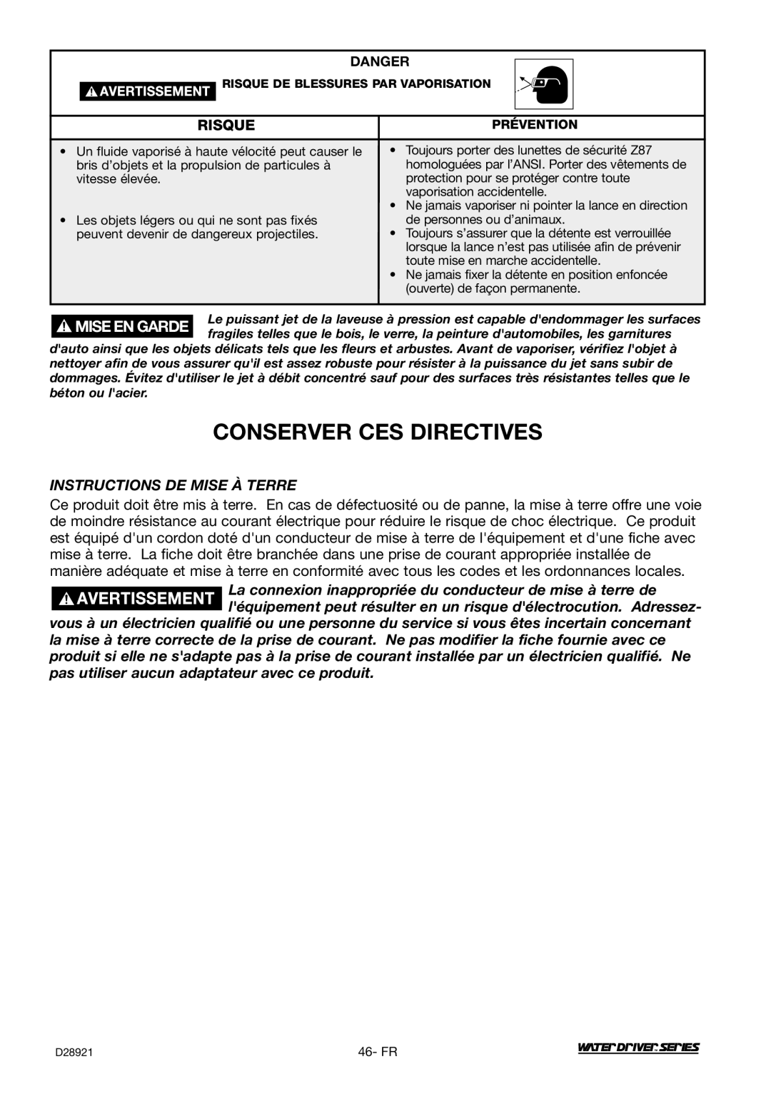 DeVillbiss Air Power Company WD1600E, D28921 operation manual Conserver CES Directives, Instructions DE Mise À Terre 