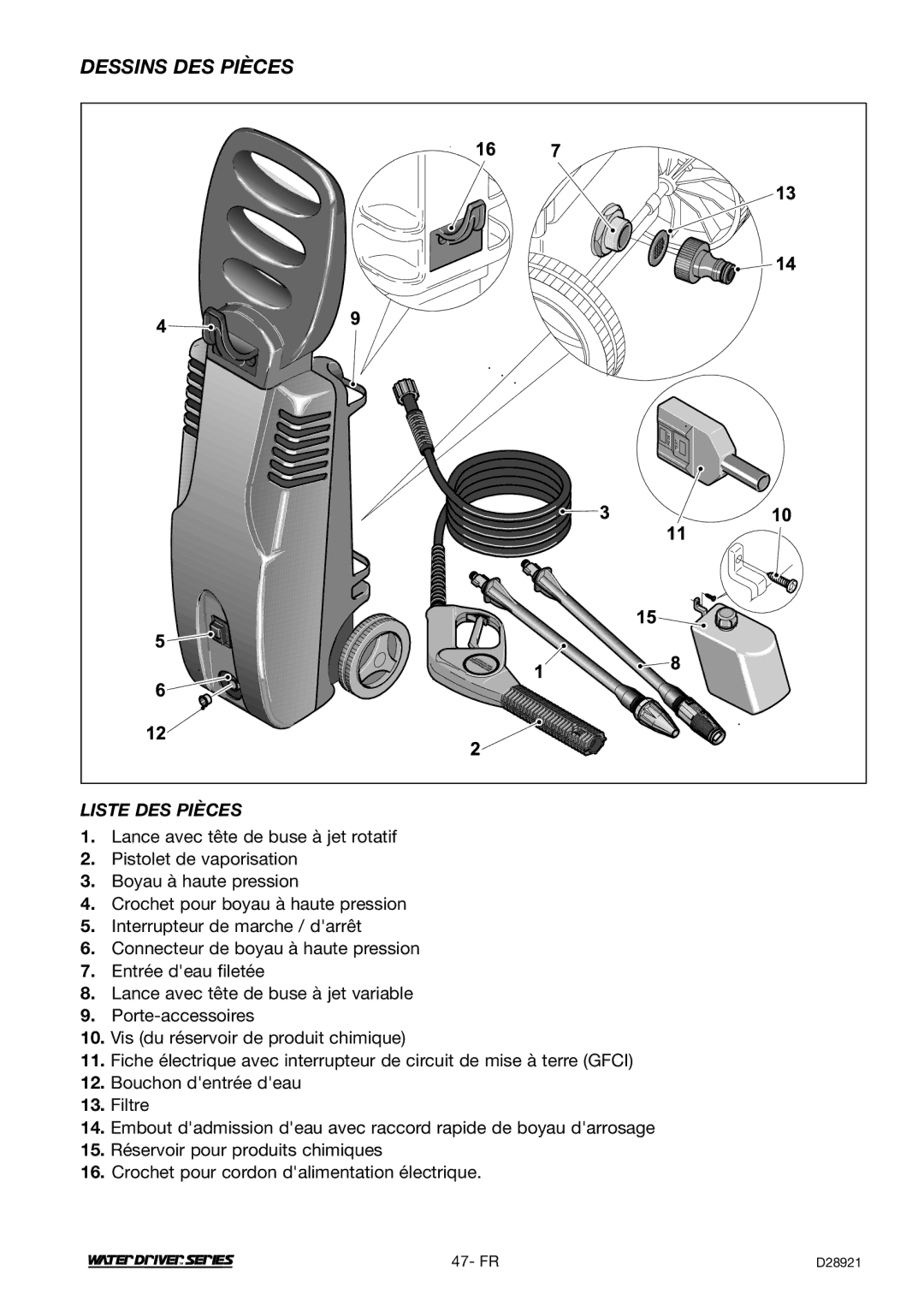 DeVillbiss Air Power Company D28921, WD1600E operation manual Dessins DES Pièces, Liste DES Pièces 