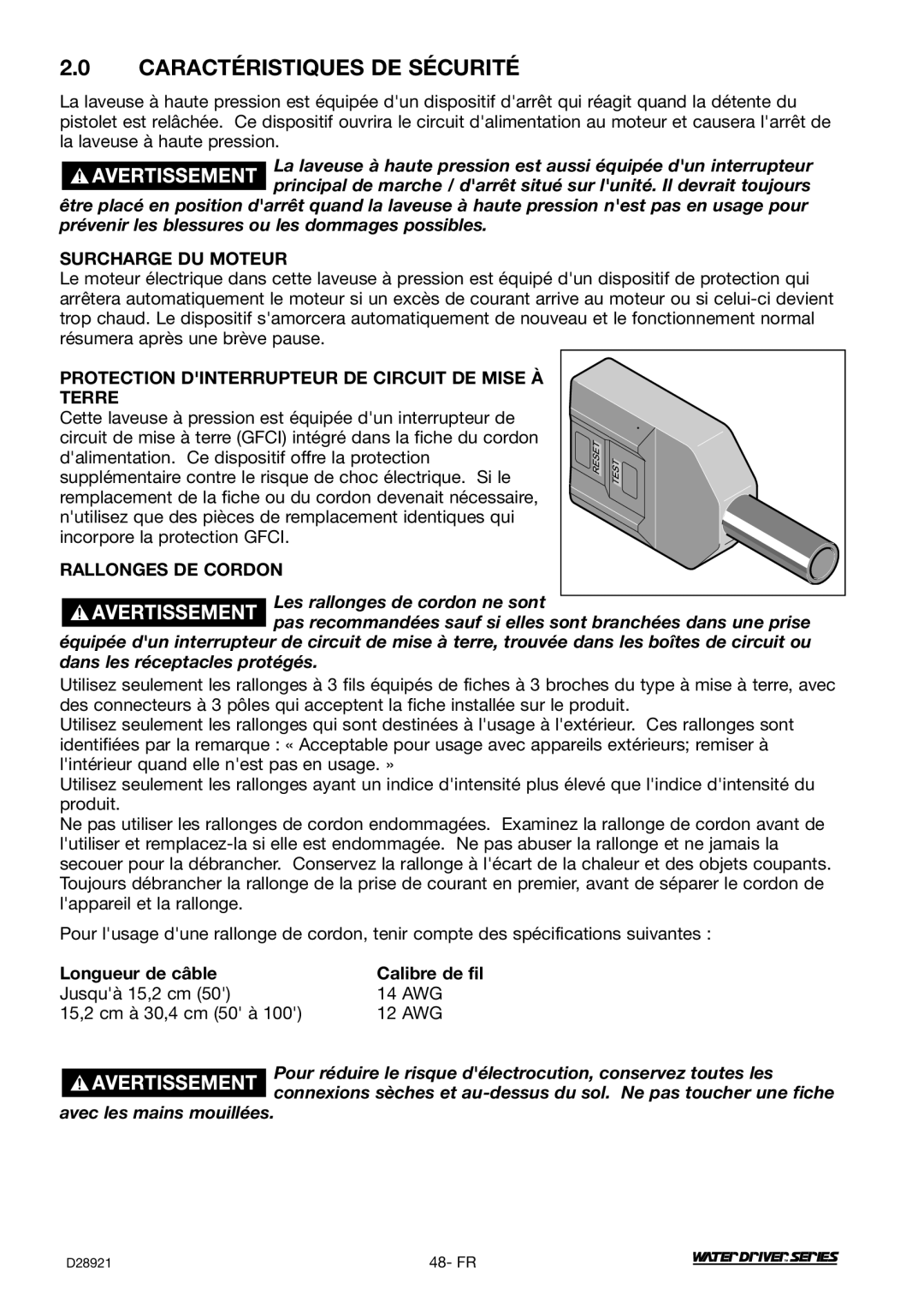 DeVillbiss Air Power Company WD1600E, D28921 Caractéristiques DE Sécurité, Surcharge DU Moteur, Rallonges DE Cordon 