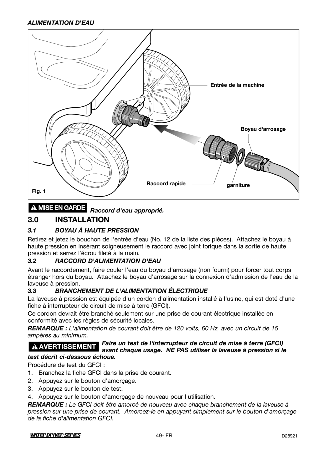 DeVillbiss Air Power Company D28921, WD1600E Alimentation Deau, Boyau À Haute Pression, Raccord Dalimentation Deau 