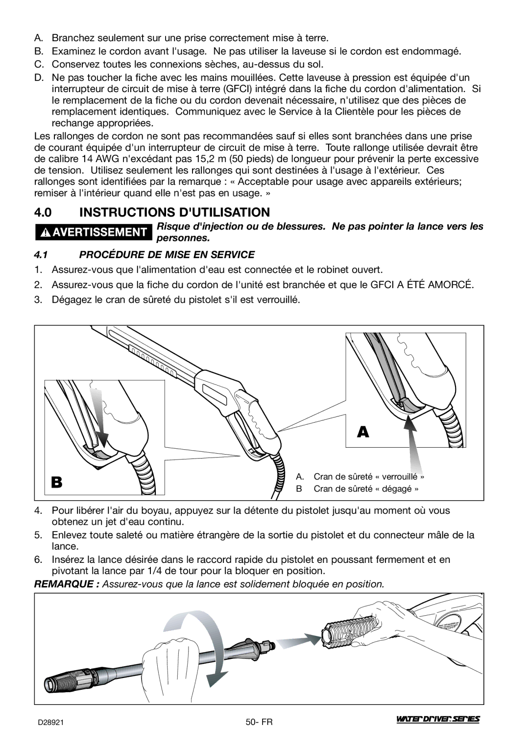 DeVillbiss Air Power Company WD1600E, D28921 operation manual Instructions Dutilisation, Procédure DE Mise EN Service 