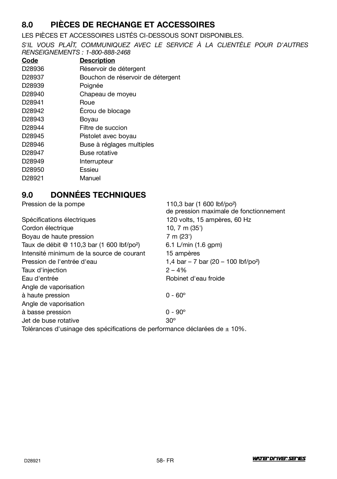 DeVillbiss Air Power Company WD1600E, D28921 operation manual Pièces DE Rechange ET Accessoires, Données Techniques 