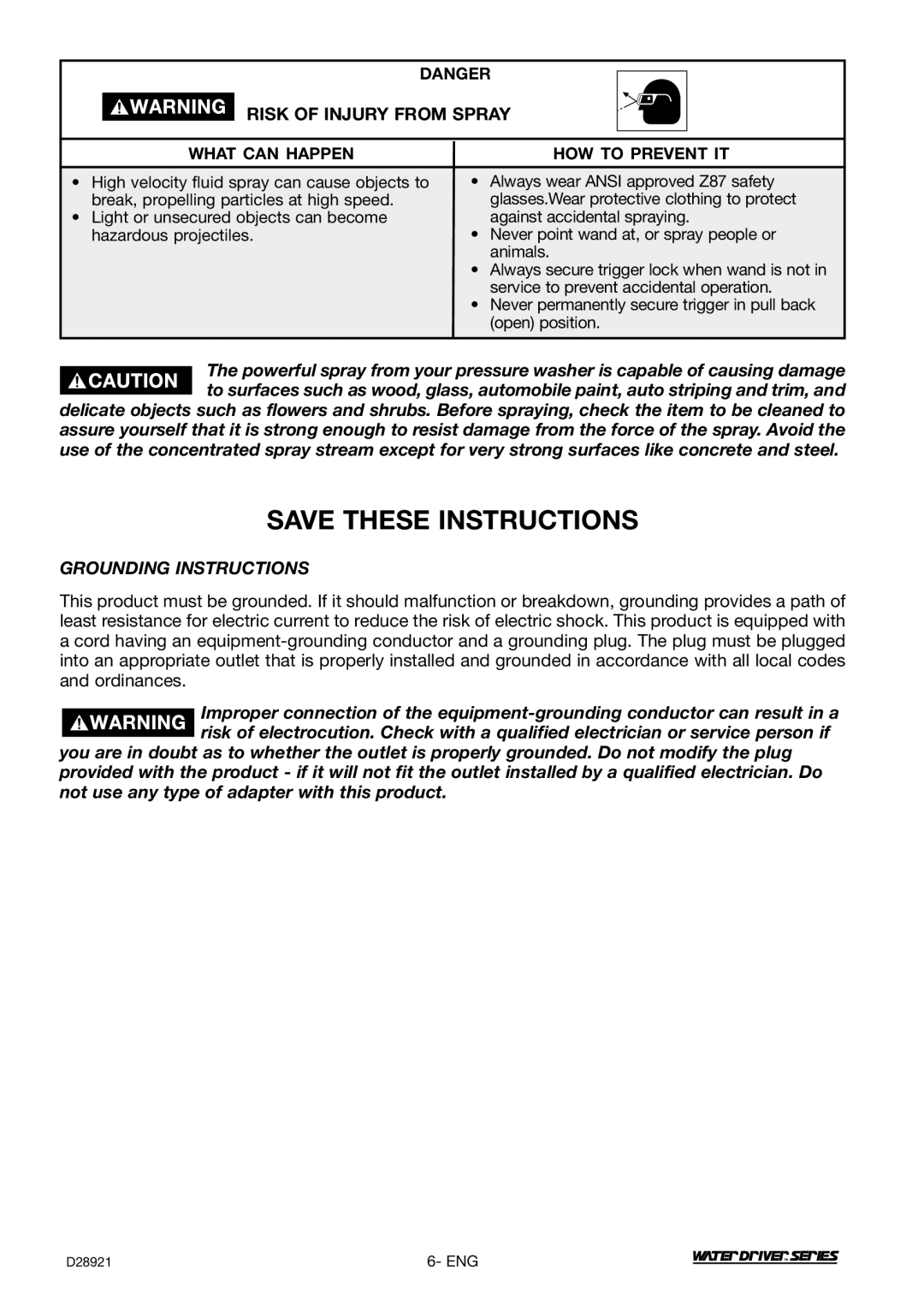 DeVillbiss Air Power Company WD1600E, D28921 operation manual Risk of Injury from Spray, Grounding Instructions 