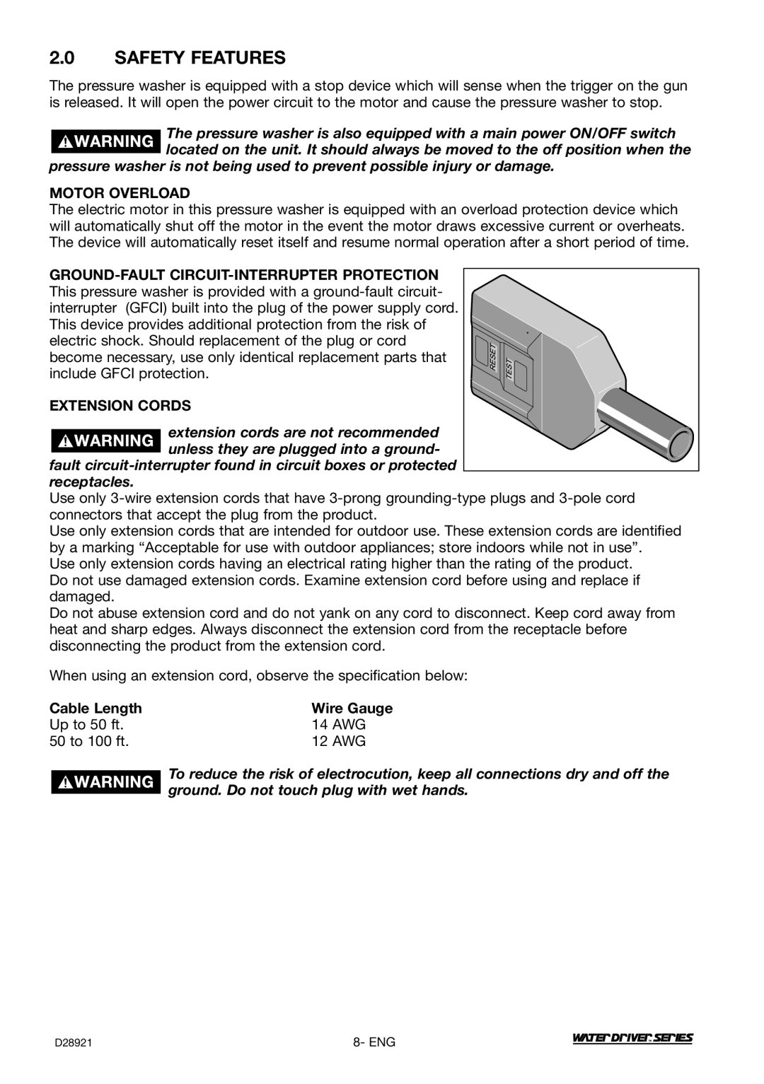 DeVillbiss Air Power Company WD1600E, D28921 operation manual Safety Features, Motor Overload, Extension Cords 