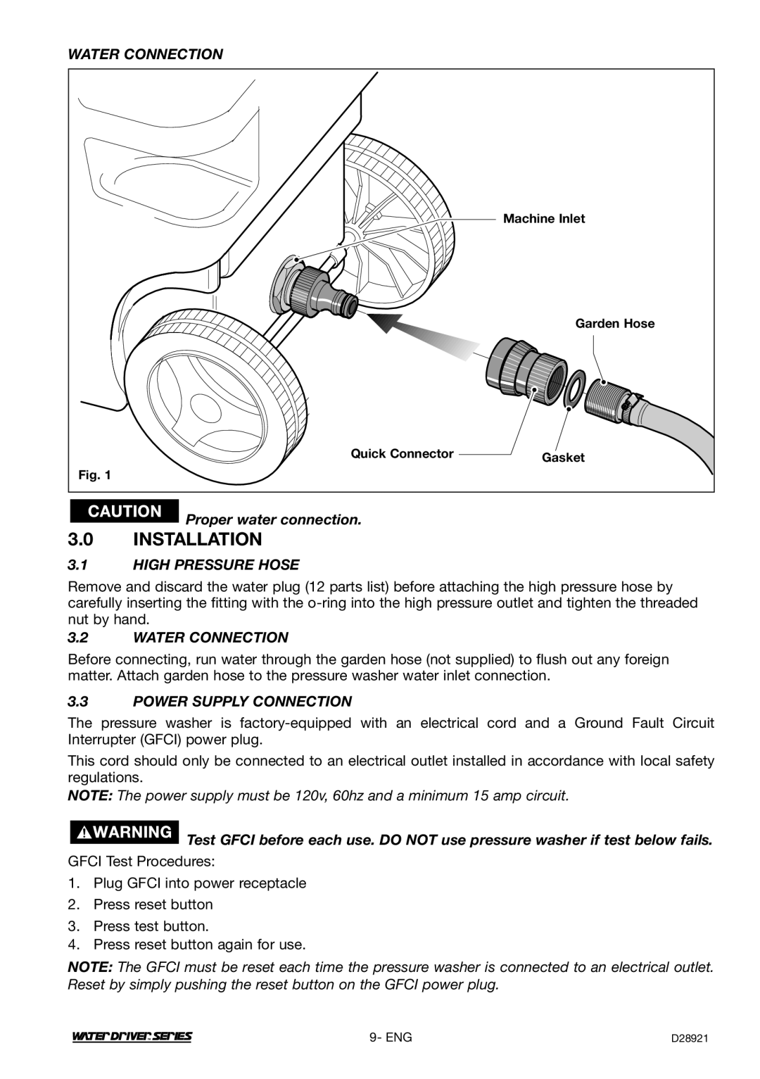 DeVillbiss Air Power Company D28921, WD1600E Installation, Water Connection, Proper water connection, High Pressure Hose 