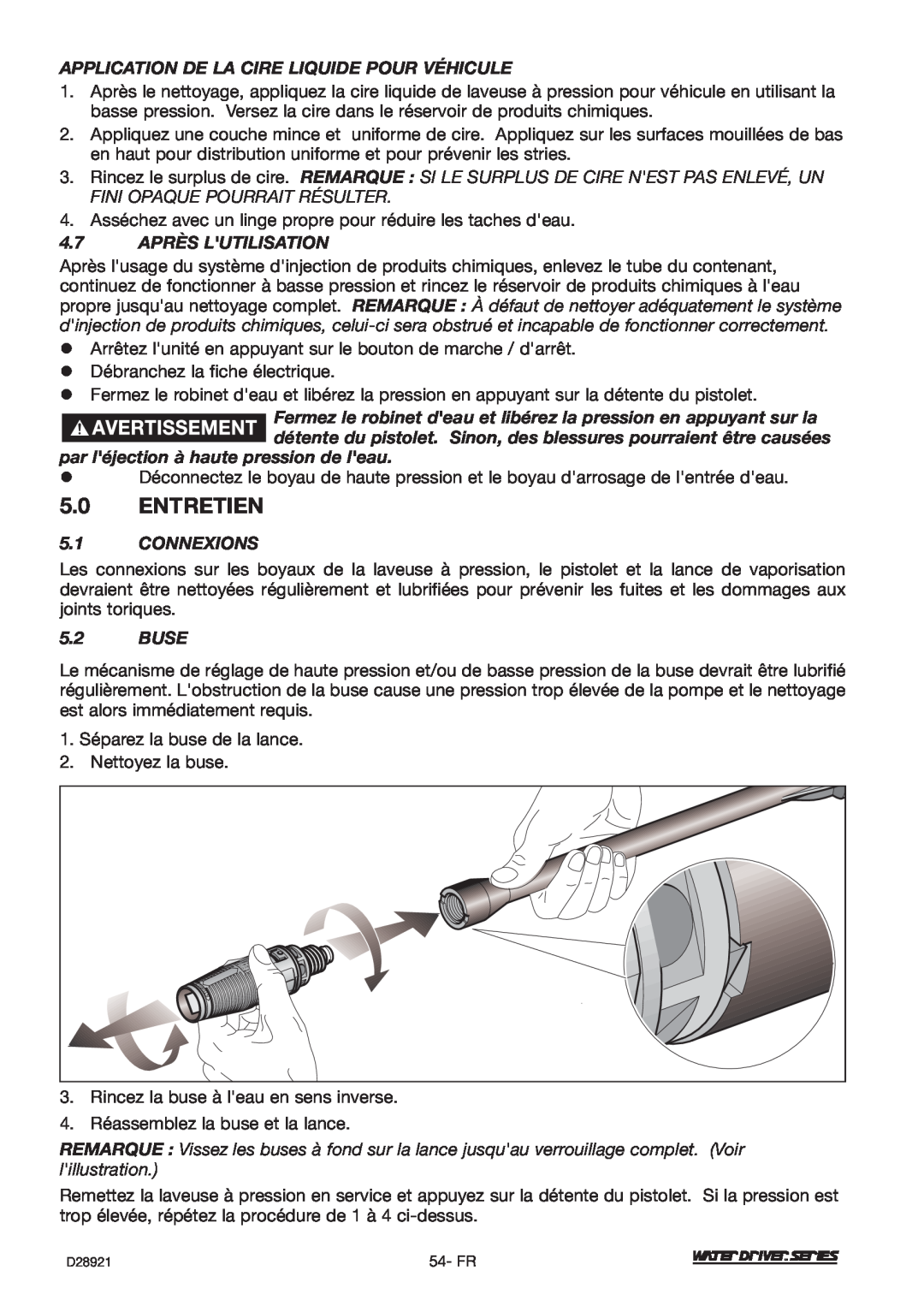 DeVillbiss Air Power Company WD1600E Entretien, Application De La Cire Liquide Pour Véhicule, 4.7 APRÈS LUTILISATION, Buse 