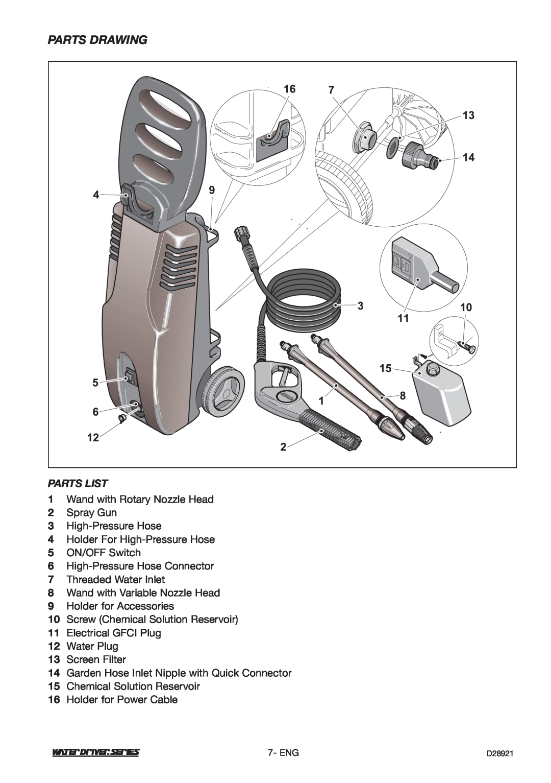 DeVillbiss Air Power Company D28921, WD1600E operation manual Parts Drawing, Parts List 