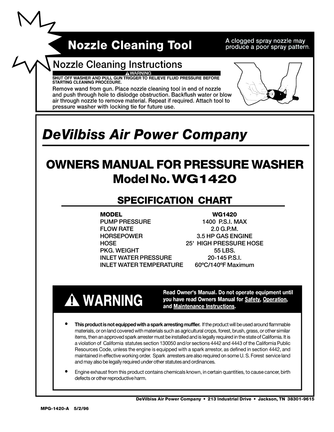 DeVillbiss Air Power Company MPG-1420-A, WG1420 owner manual Specification Chart, Model, Pump Pressure, Flow Rate 