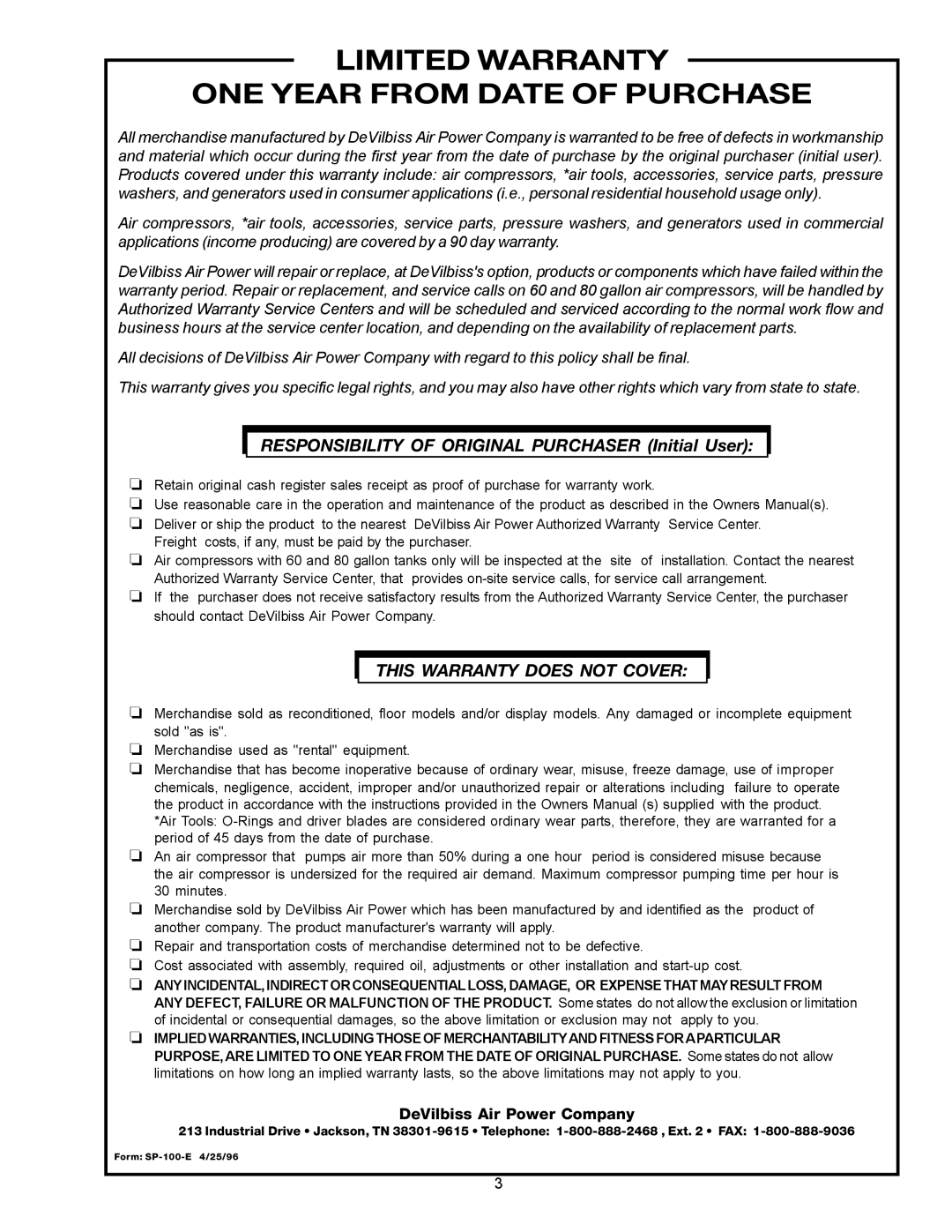 DeVillbiss Air Power Company MPG-1420-A, WG1420 owner manual Limited Warranty ONE Year from Date of Purchase 