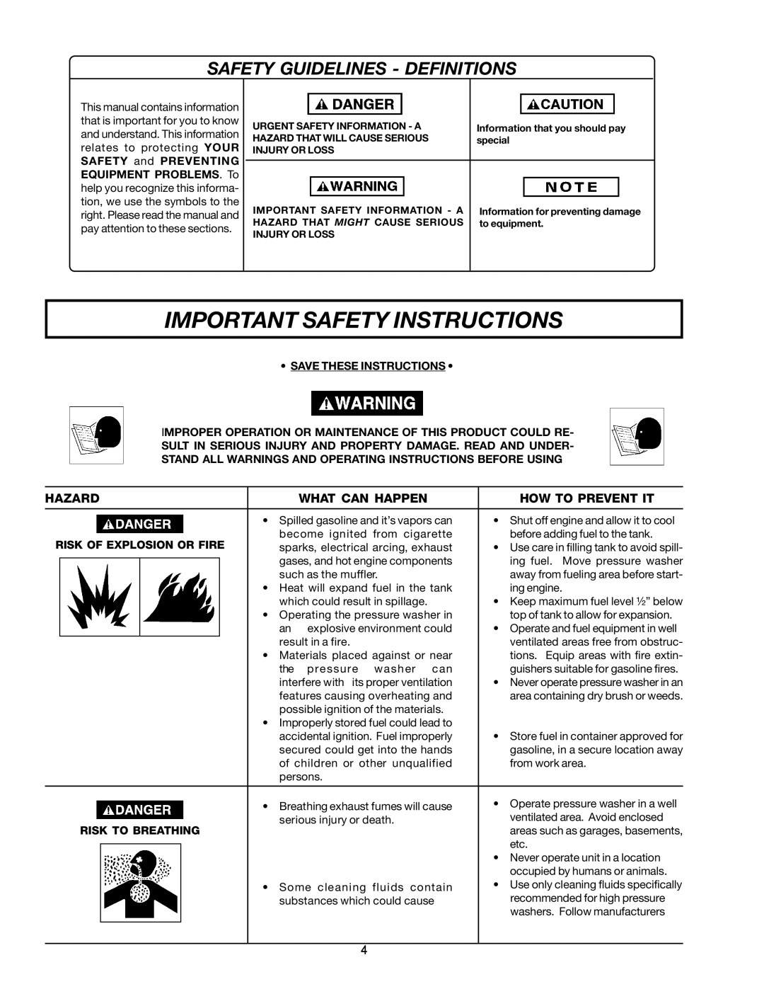 DeVillbiss Air Power Company WG1420, MPG-1420-A owner manual Risk of Explosion or Fire, Risk to Breathing 