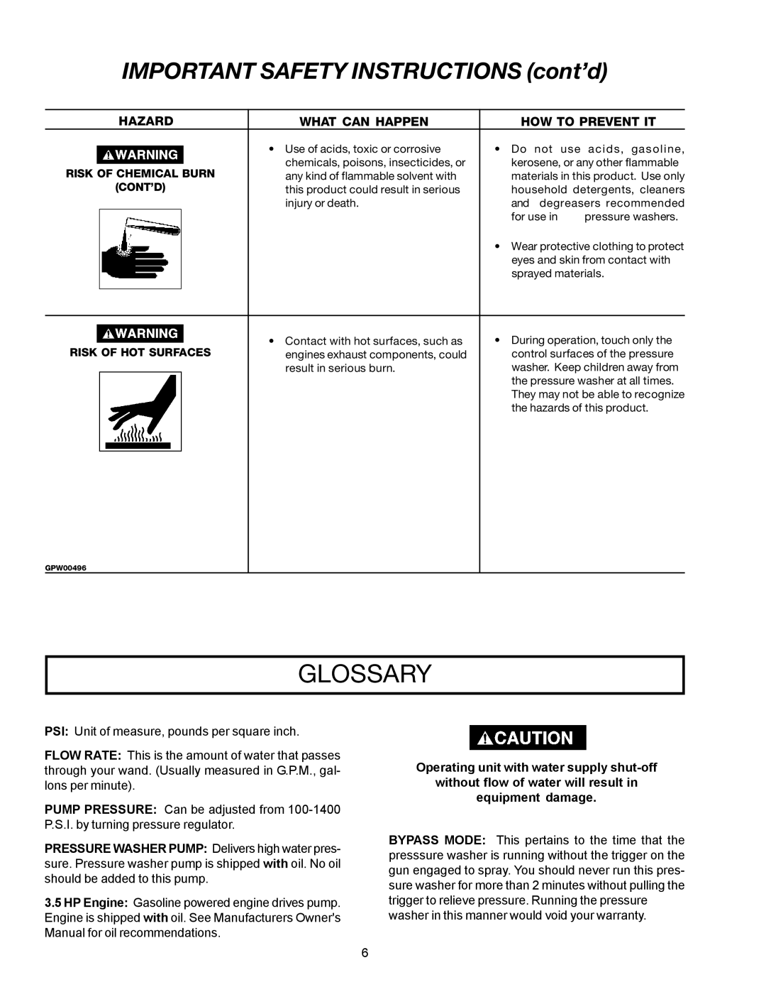 DeVillbiss Air Power Company WG1420, MPG-1420-A owner manual Risk of Chemical Burn, Cont’D, Risk of HOT Surfaces 