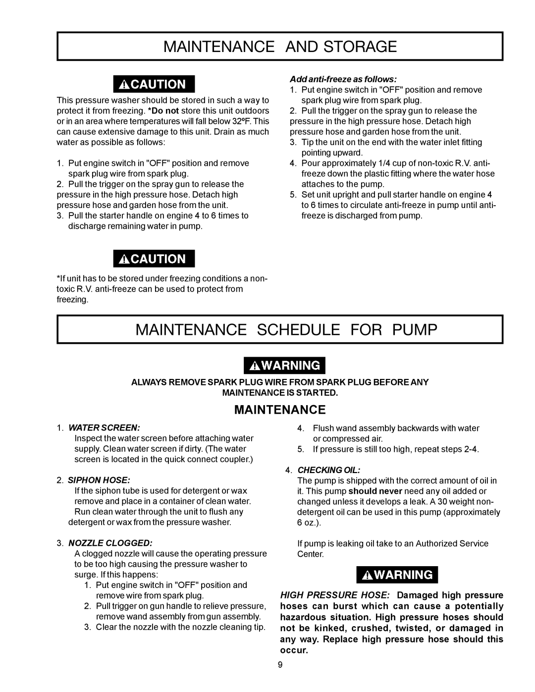 DeVillbiss Air Power Company MPG-1420-A, WG1420 owner manual Maintenance and Storage, Maintenance Schedule for Pump 