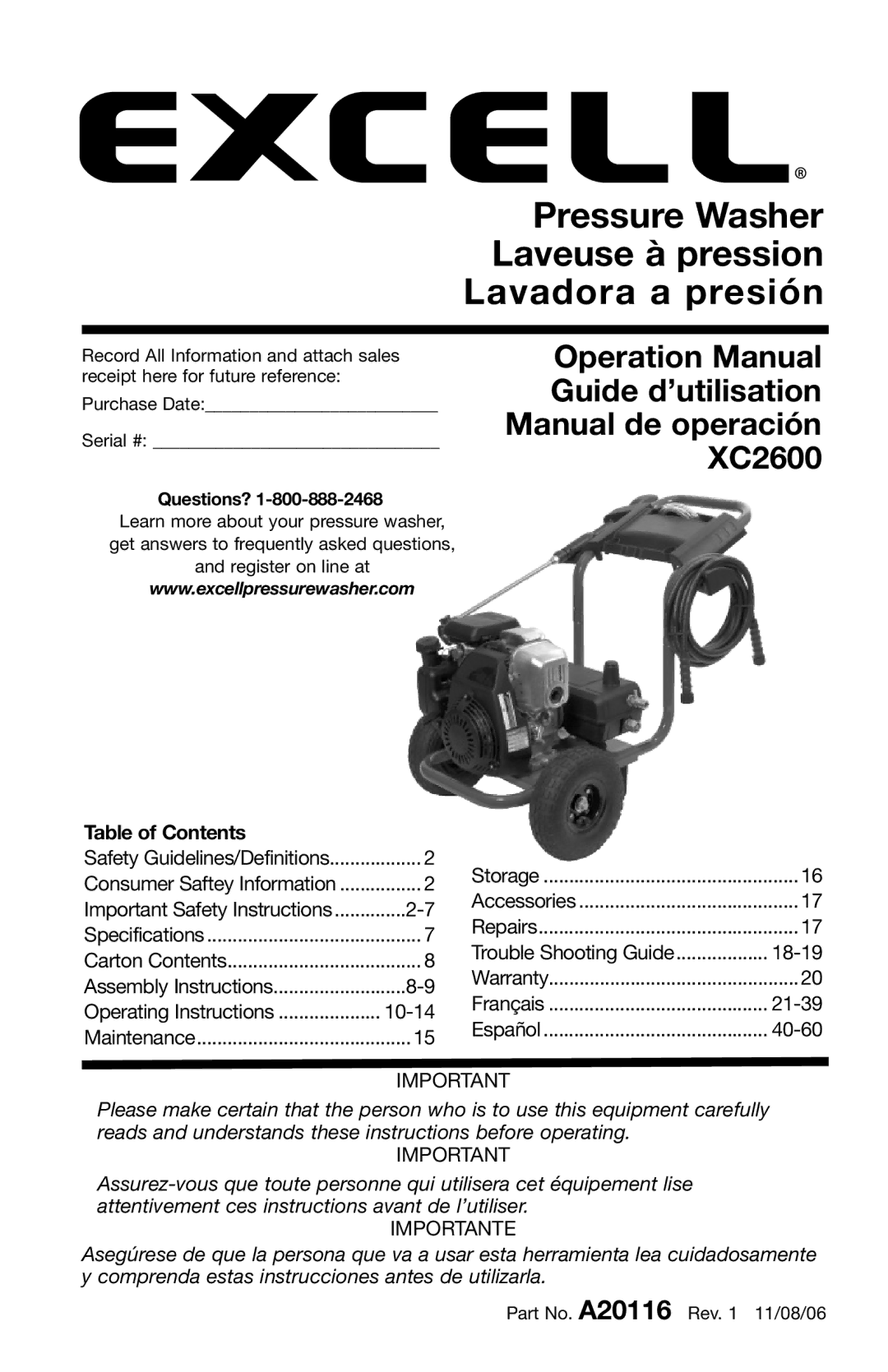 DeVillbiss Air Power Company A20116, XC2600 operation manual Pressure Washer Laveuse à pression Lavadora a presión 