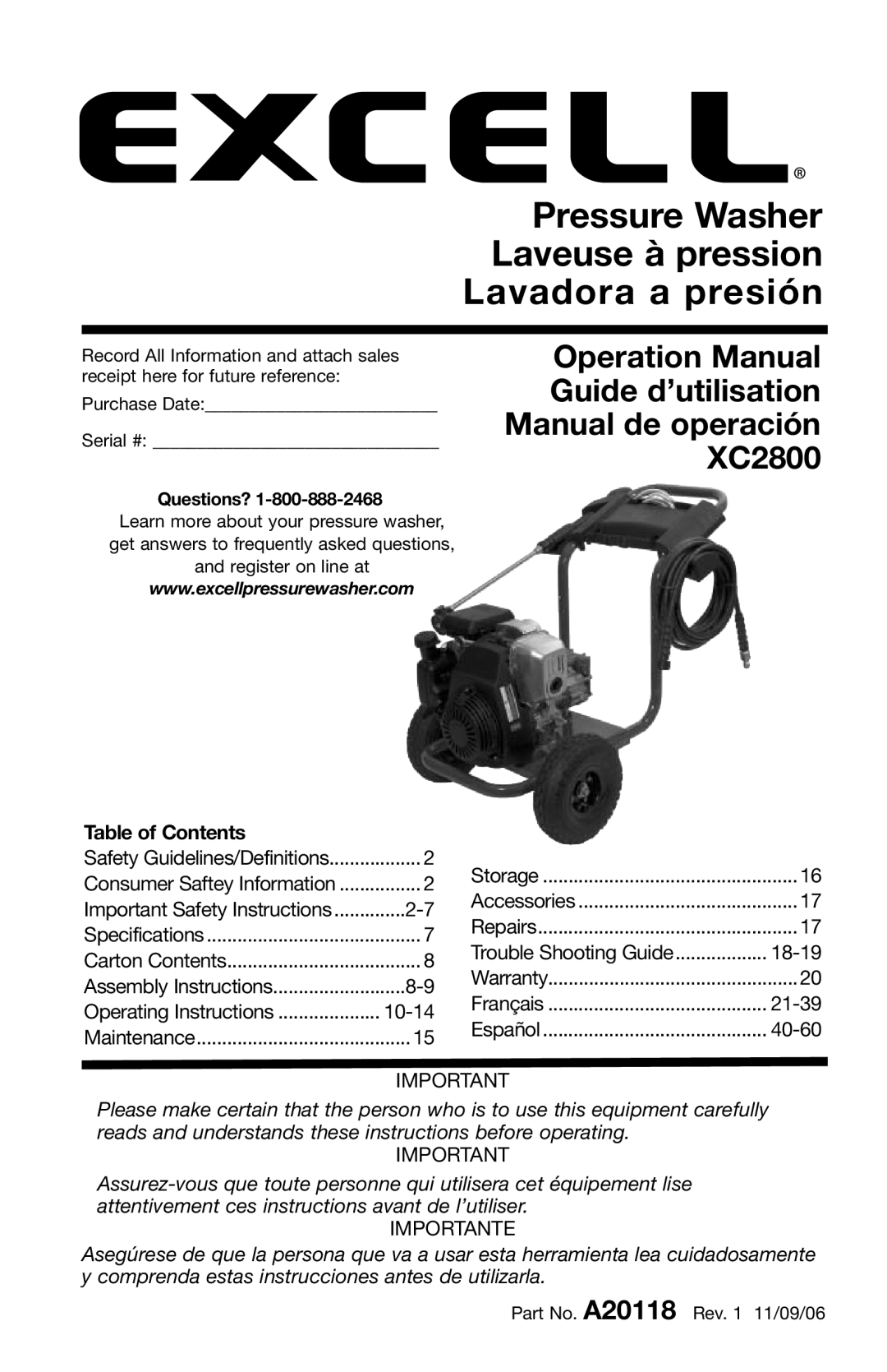 DeVillbiss Air Power Company A20118, XC2800 operation manual Pressure Washer Laveuse à pression Lavadora a presión 