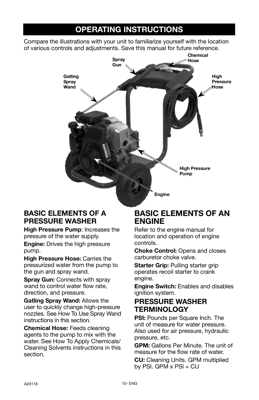 DeVillbiss Air Power Company XC2800, A20118 operation manual Operating Instructions, Engine Drives the high pressure pump 