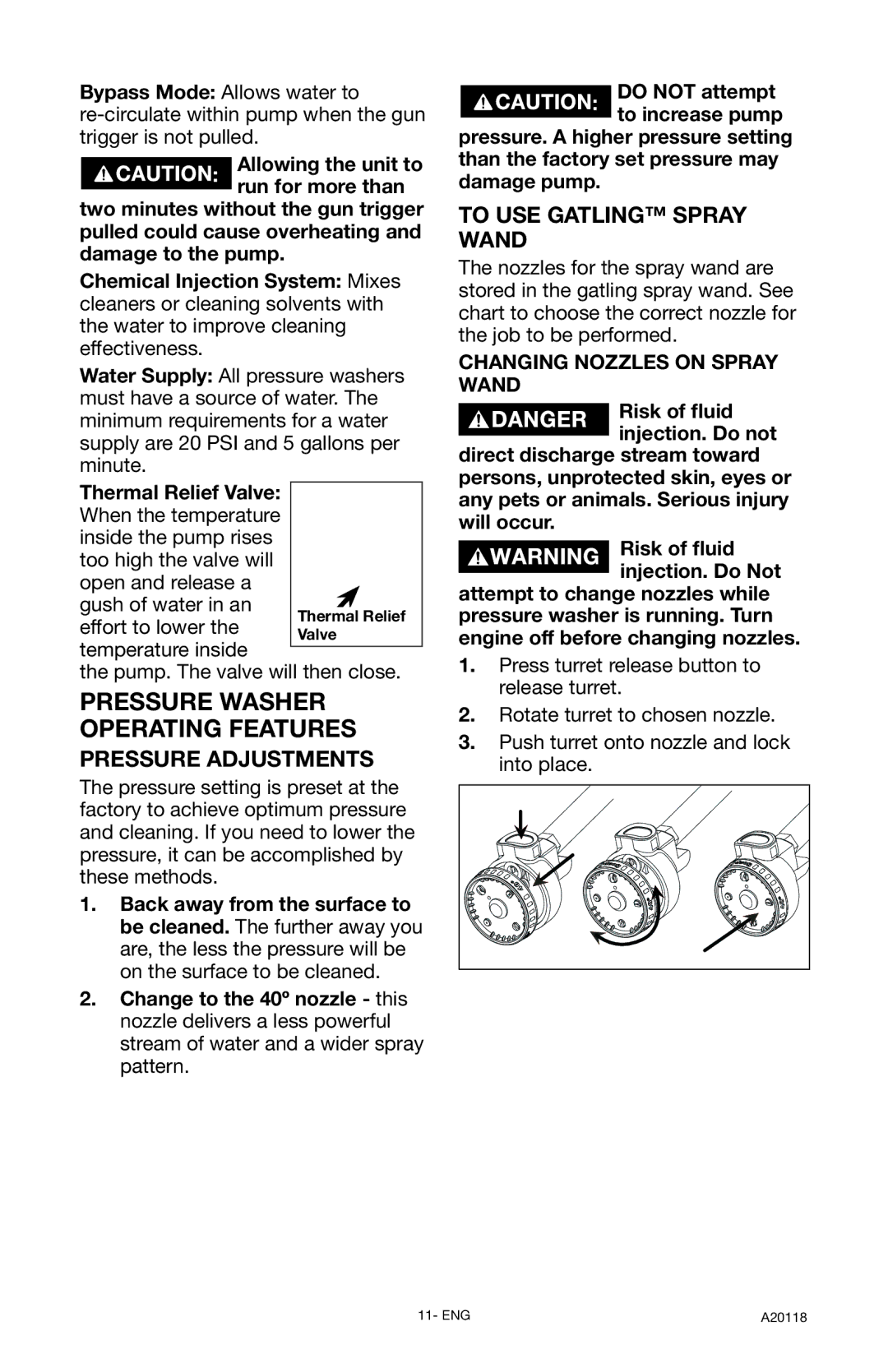 DeVillbiss Air Power Company A20118 Pressure Adjustments, To USE Gatling Spray Wand, Pump. The valve will then close 