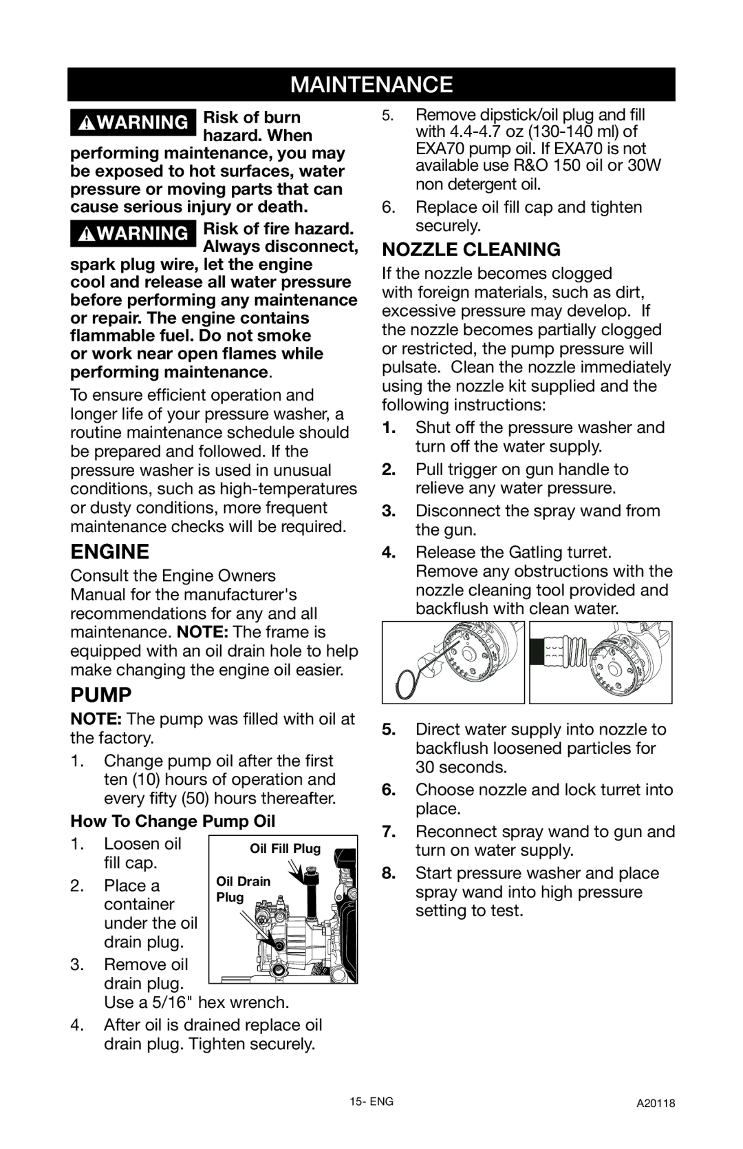 DeVillbiss Air Power Company A20118, XC2800 operation manual Nozzle Cleaning, Loosen oil, ﬁll cap Place a, Container 