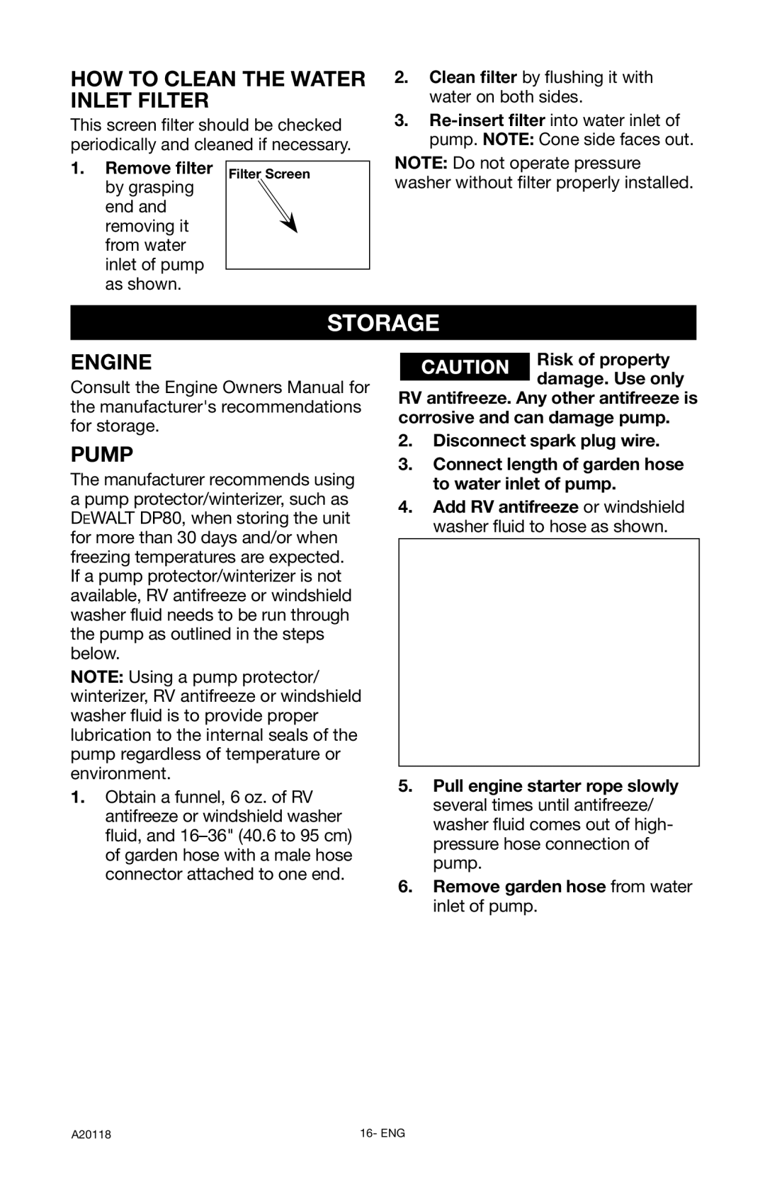 DeVillbiss Air Power Company XC2800, A20118 operation manual Storage, Clean ﬁlter by ﬂushing it with water on both sides 