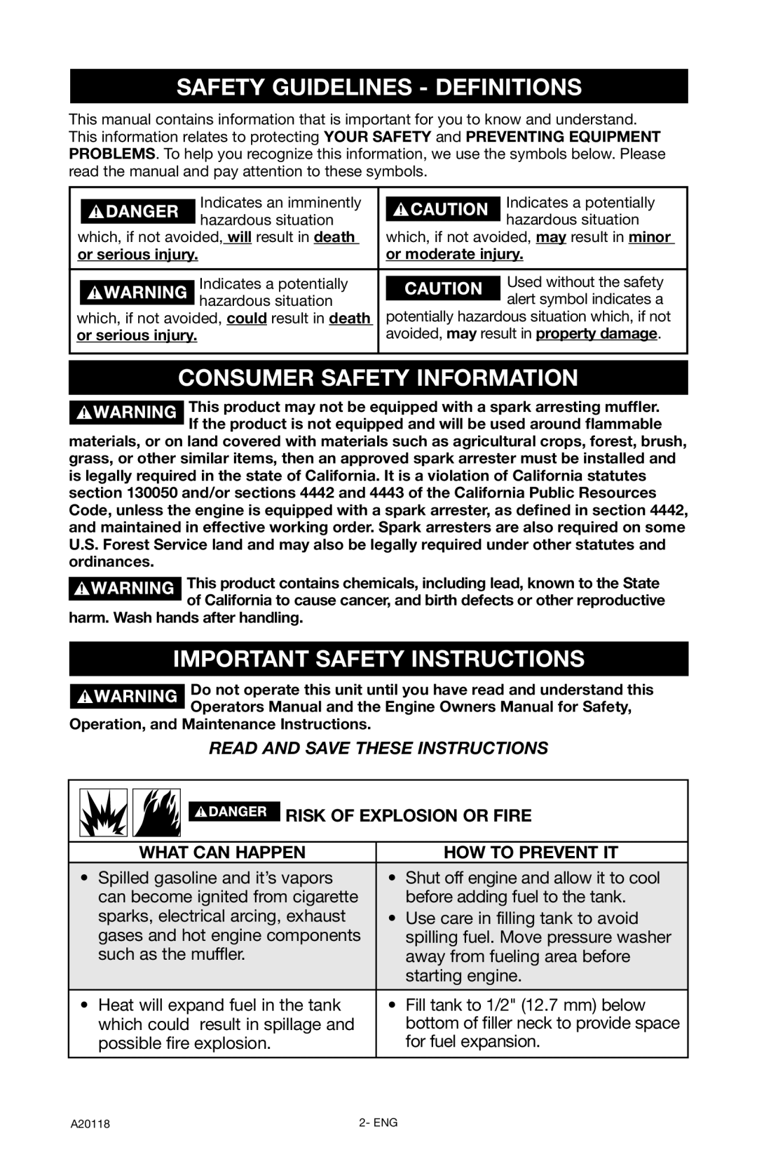 DeVillbiss Air Power Company XC2800, A20118 operation manual Safety Guidelines Definitions, Consumer Safety Information 