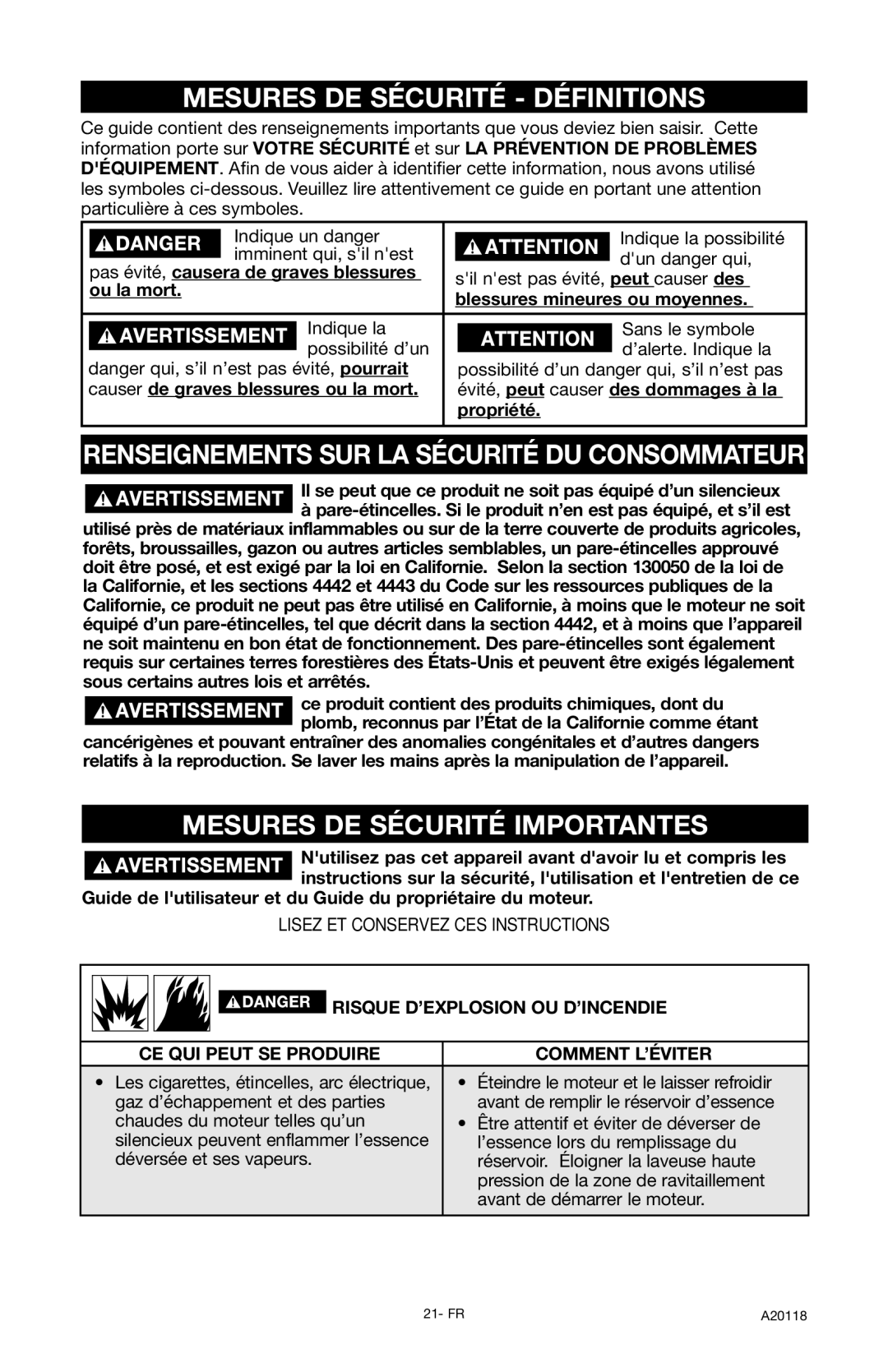 DeVillbiss Air Power Company A20118 Mesures DE Sécurité Définitions, Renseignements SUR LA Sécurité DU Consommateur 