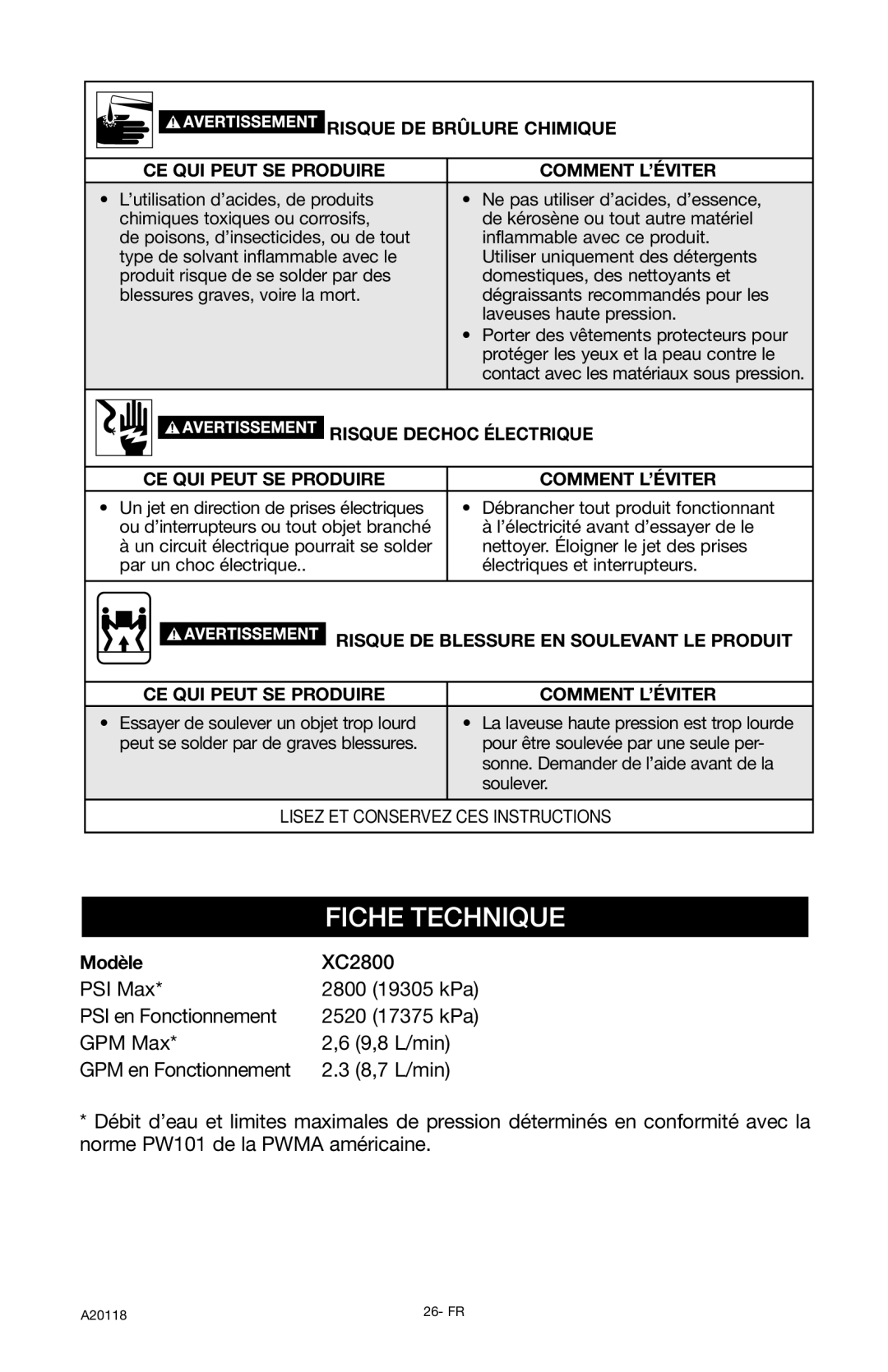 DeVillbiss Air Power Company XC2800, A20118 operation manual Fiche Technique, Modèle 