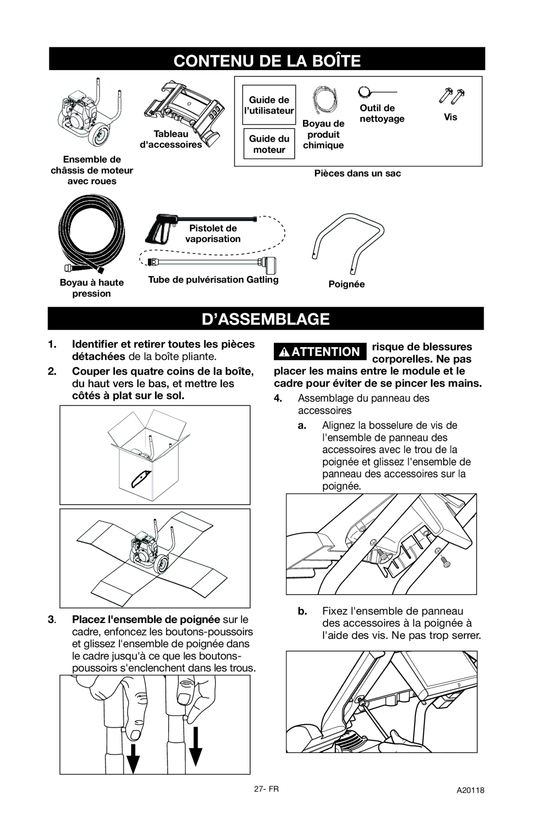 DeVillbiss Air Power Company A20118, XC2800 operation manual Contenu DE LA Boîte, ’Assemblage 