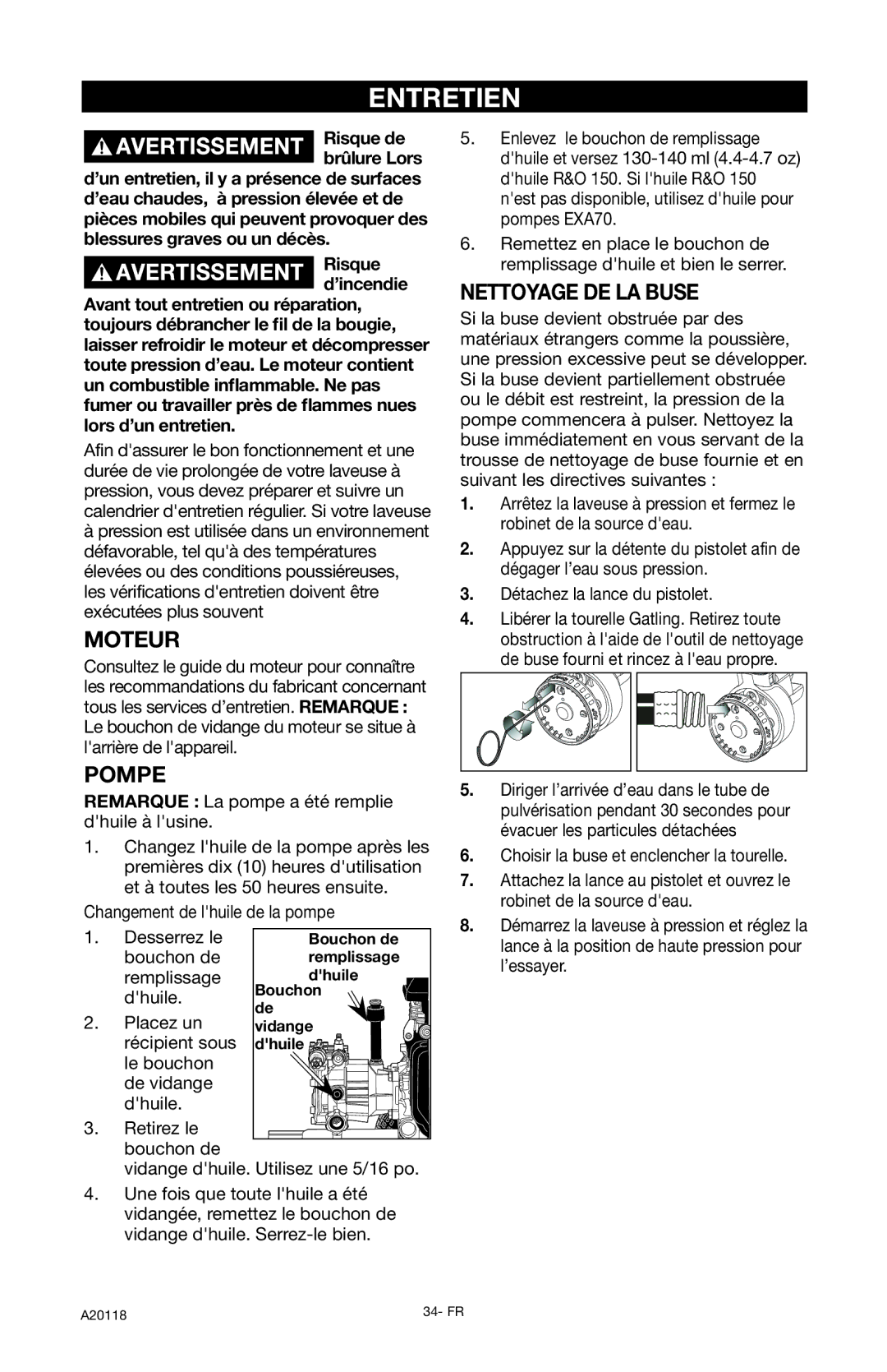 DeVillbiss Air Power Company XC2800, A20118 operation manual Entretien, Moteur, Pompe, Nettoyage DE LA Buse 