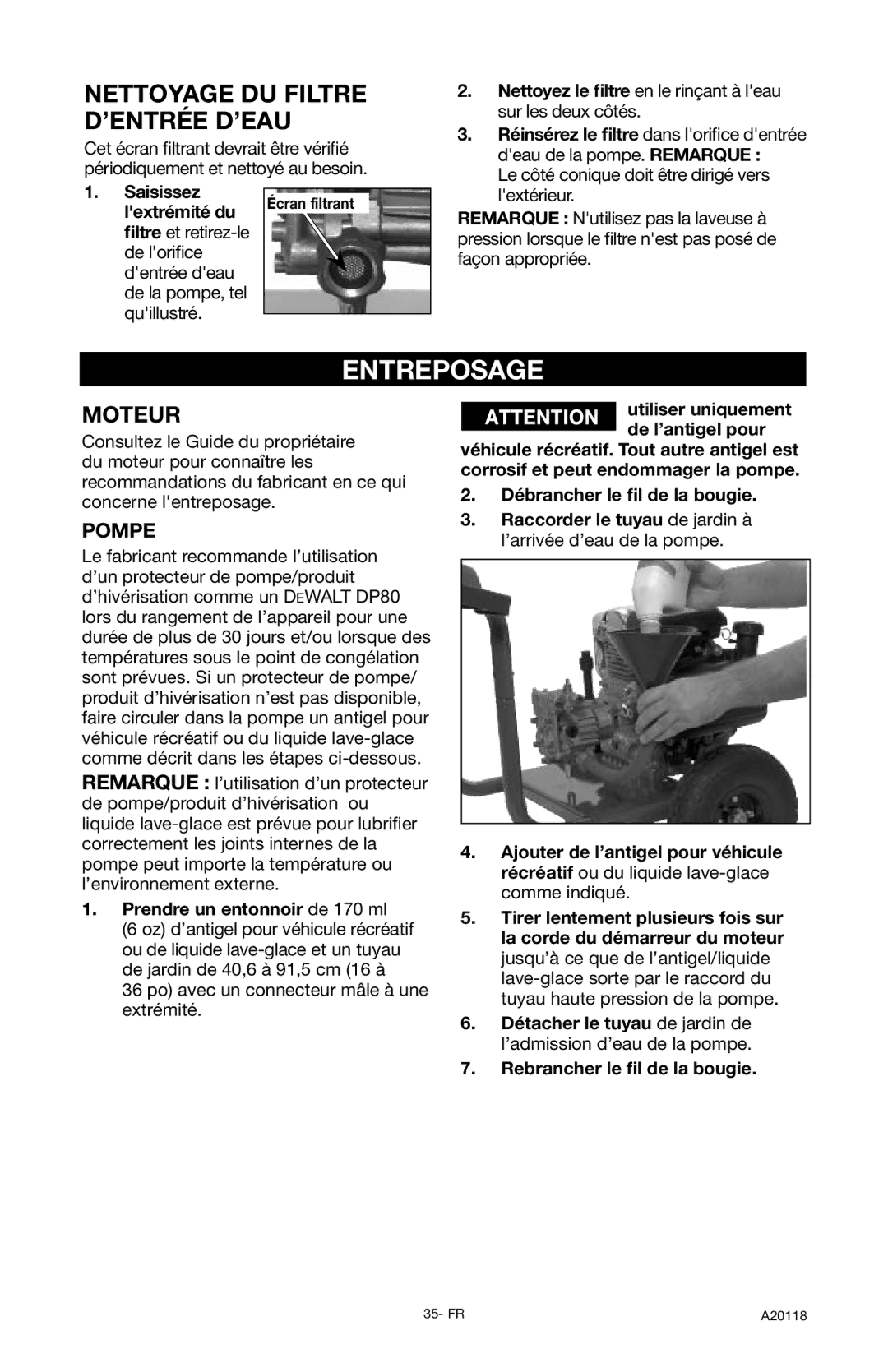 DeVillbiss Air Power Company A20118, XC2800 operation manual Entreposage, Pompe, Prendre un entonnoir de 170 ml 