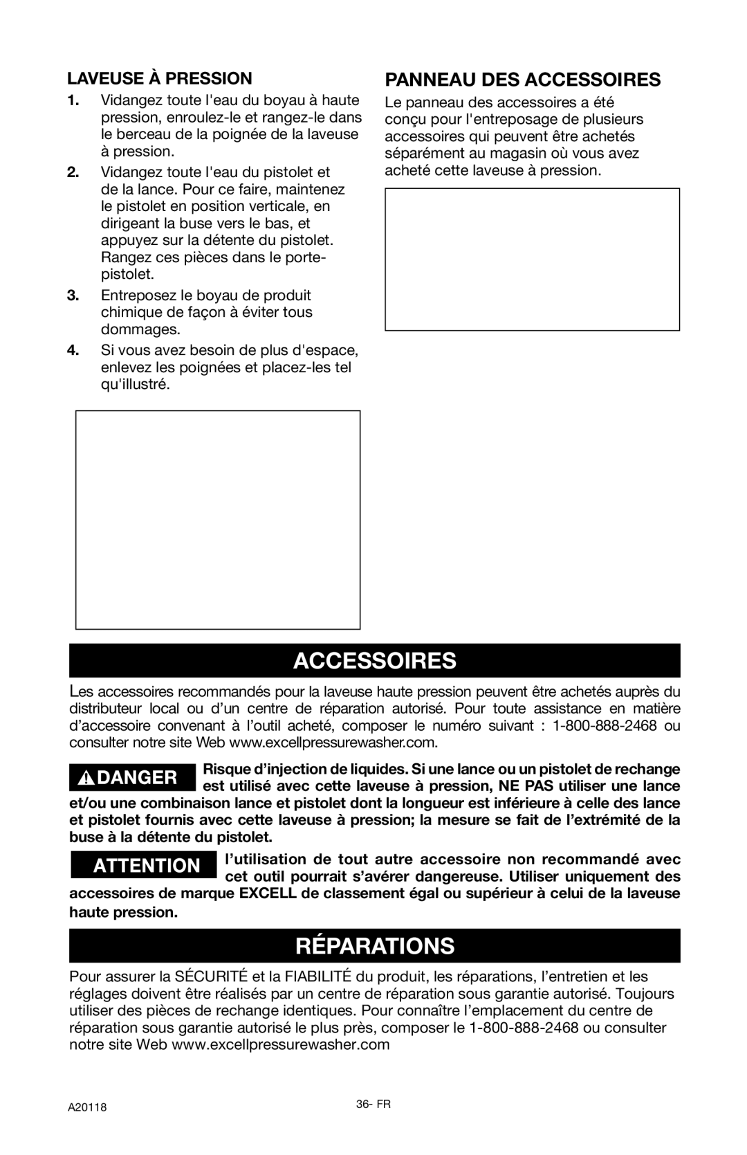 DeVillbiss Air Power Company XC2800, A20118 operation manual Réparations, Panneau DES Accessoires, Laveuse À Pression 