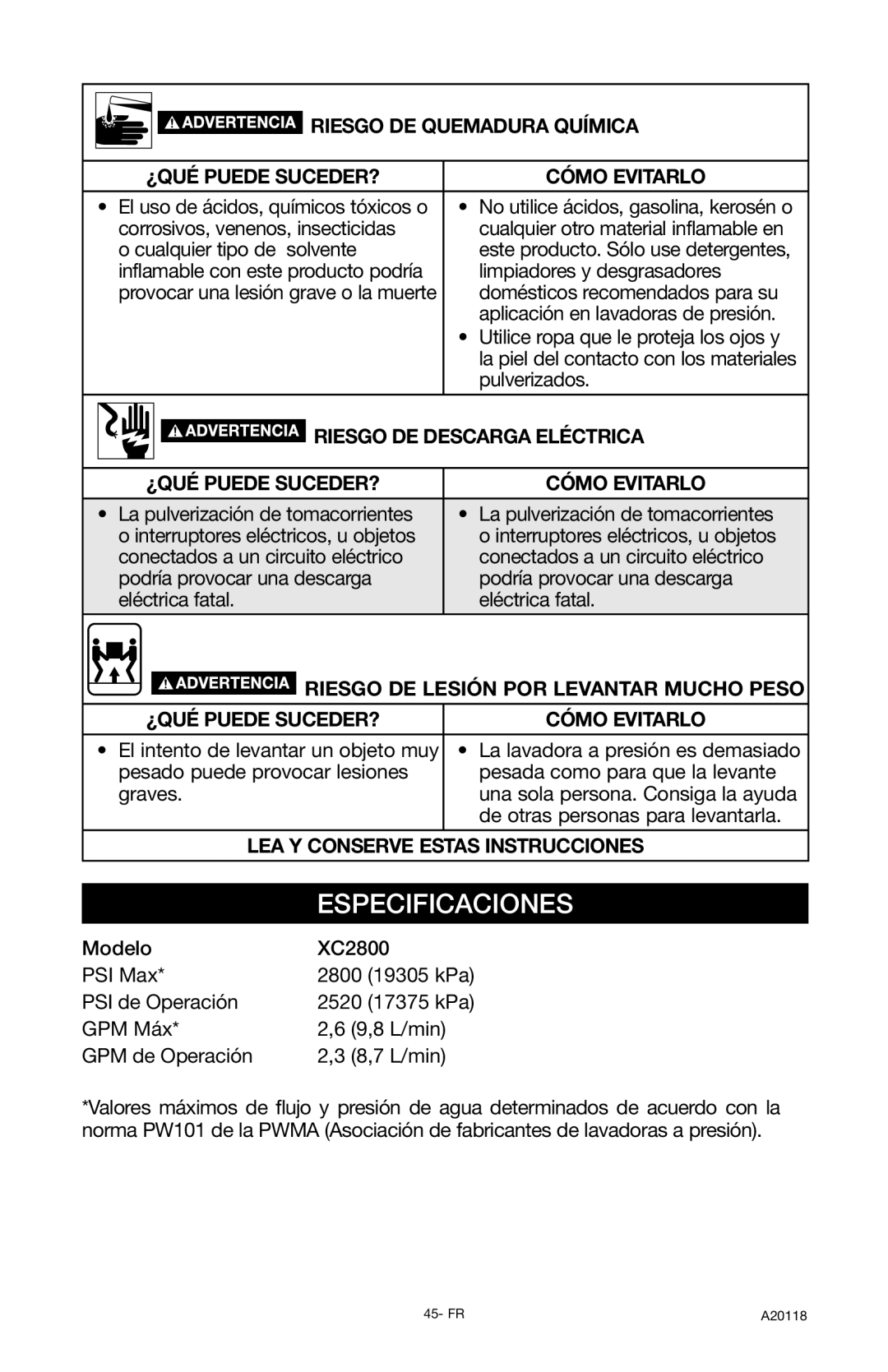 DeVillbiss Air Power Company A20118, XC2800 operation manual Riesgo DE Quemadura Química, LEA Y Conserve Estas Instrucciones 