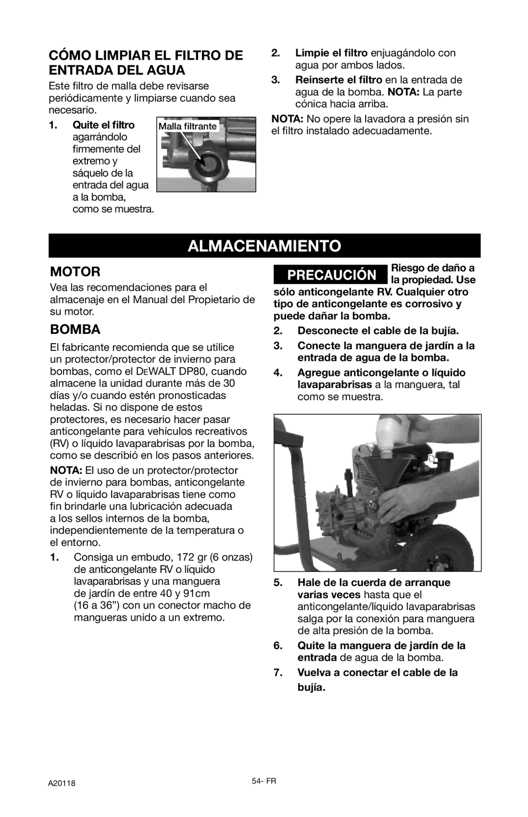 DeVillbiss Air Power Company XC2800, A20118 Almacenamiento, Cómo Limpiar EL Filtro DE Entrada DEL Agua, Motor 