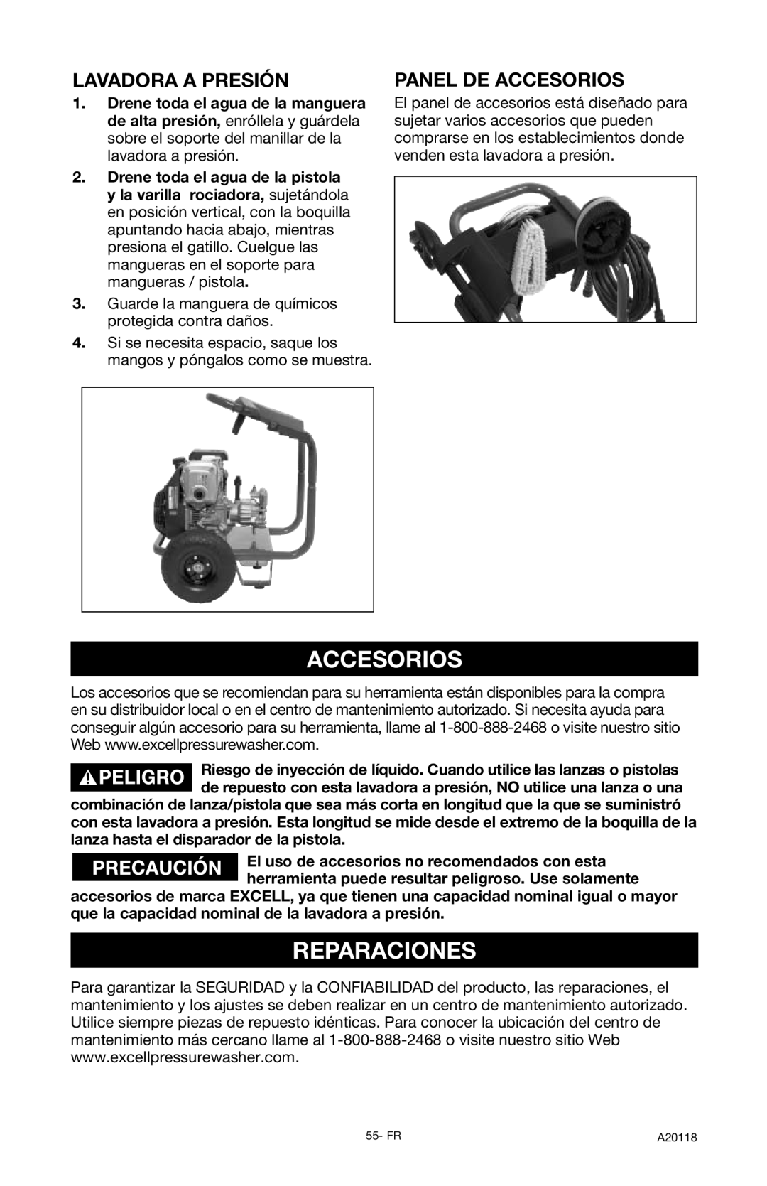 DeVillbiss Air Power Company A20118, XC2800 operation manual Reparaciones, Lavadora a Presión, Panel DE Accesorios 