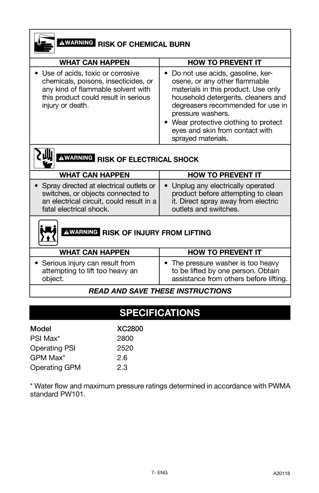 DeVillbiss Air Power Company A20118, XC2800 Specifications, Risk of Chemical Burn What can Happen HOW to Prevent IT 