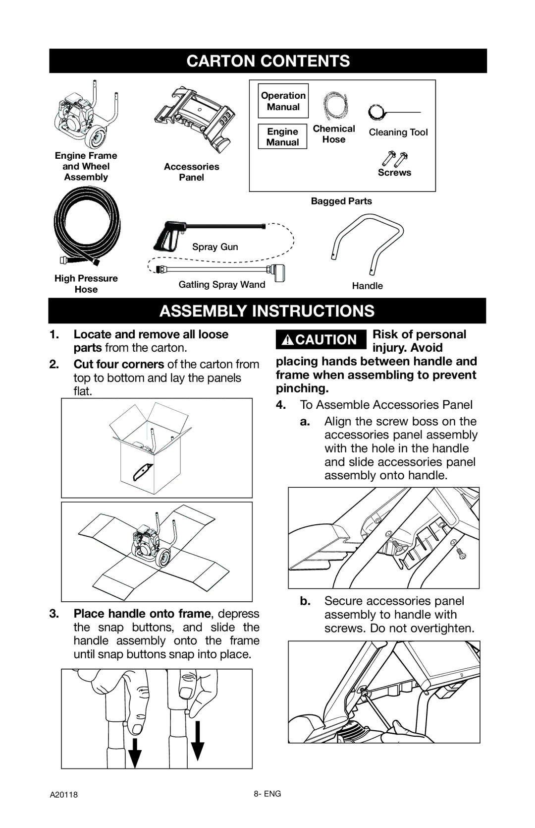 DeVillbiss Air Power Company XC2800, A20118 operation manual Carton Contents, Assembly Instructions 