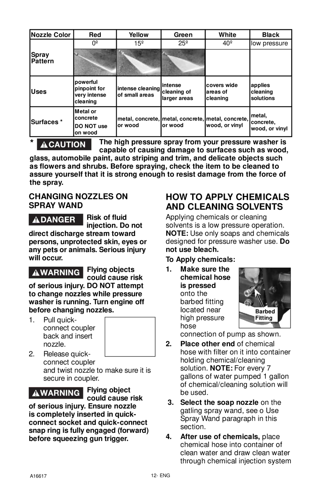 DeVillbiss Air Power Company XR2625, A16617 HOW to Apply Chemicals and Cleaning Solvents, Changing Nozzles on Spray Wand 