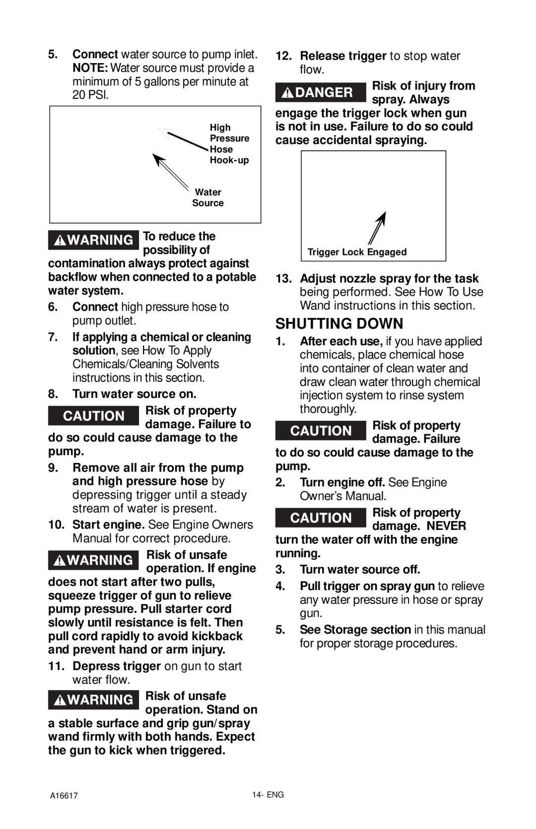 DeVillbiss Air Power Company XR2625 Shutting Down, Connect high pressure hose to pump outlet, To reduce the possibility 