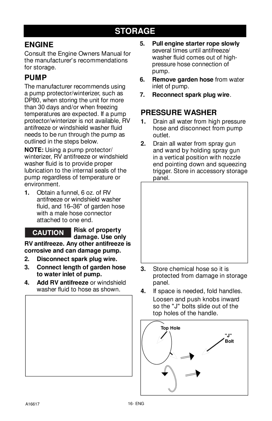 DeVillbiss Air Power Company XR2625, A16617 operation manual Storage, Pressure Washer 