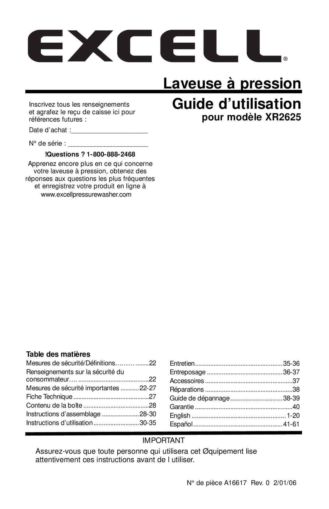 DeVillbiss Air Power Company A16617, XR2625 operation manual Laveuse à pression, Questions ? 