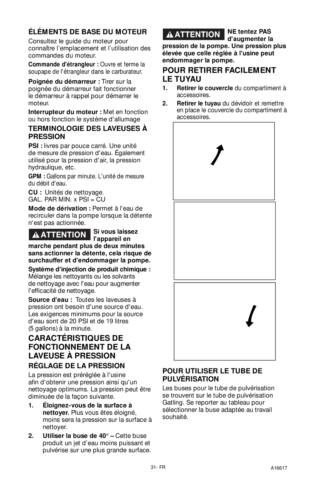 DeVillbiss Air Power Company A16617, XR2625 operation manual Caractéristiques DE Fonctionnement DE LA Laveuse À Pression 