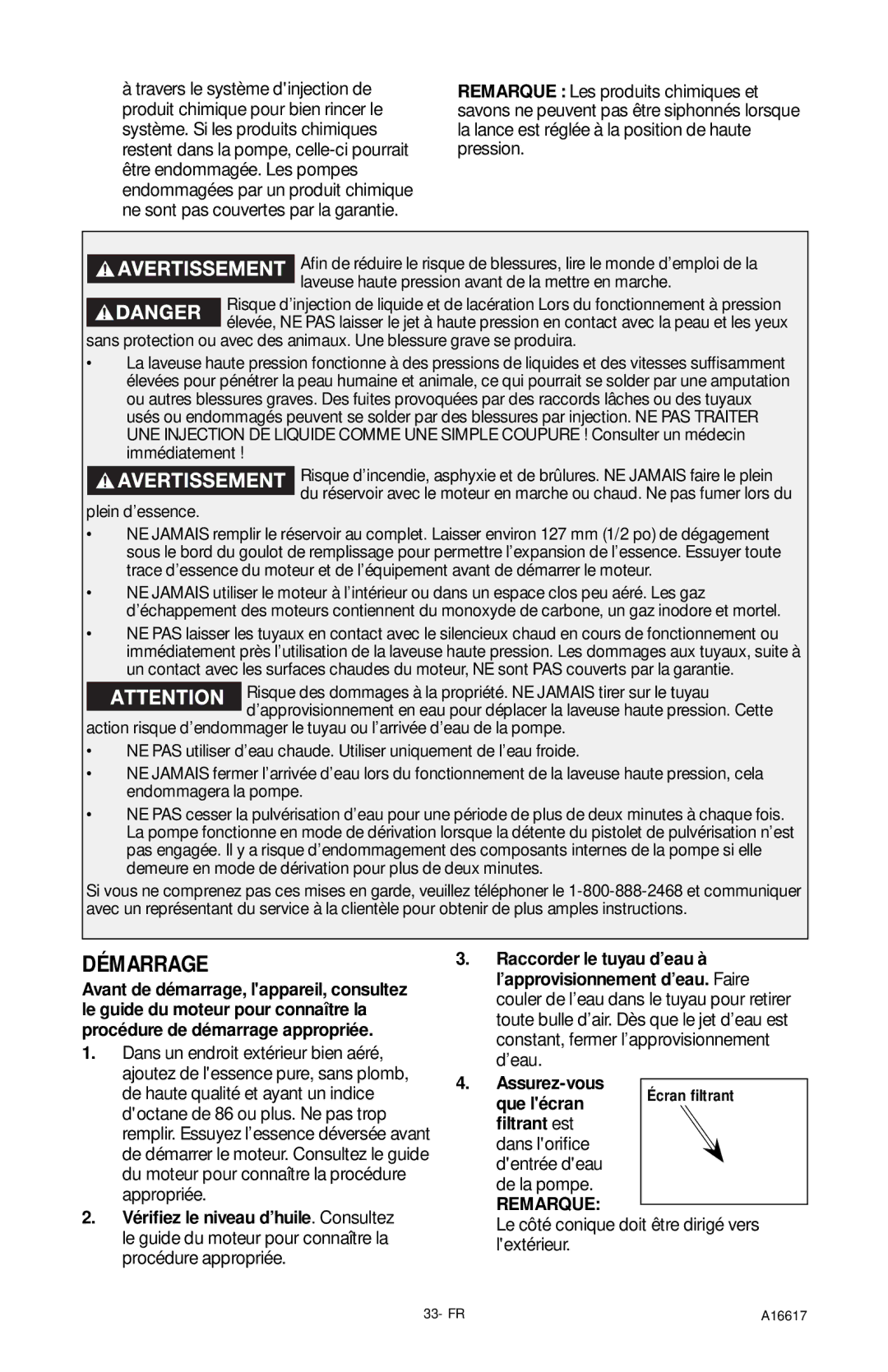 DeVillbiss Air Power Company A16617, XR2625 operation manual Démarrage, ﬁltrant est 