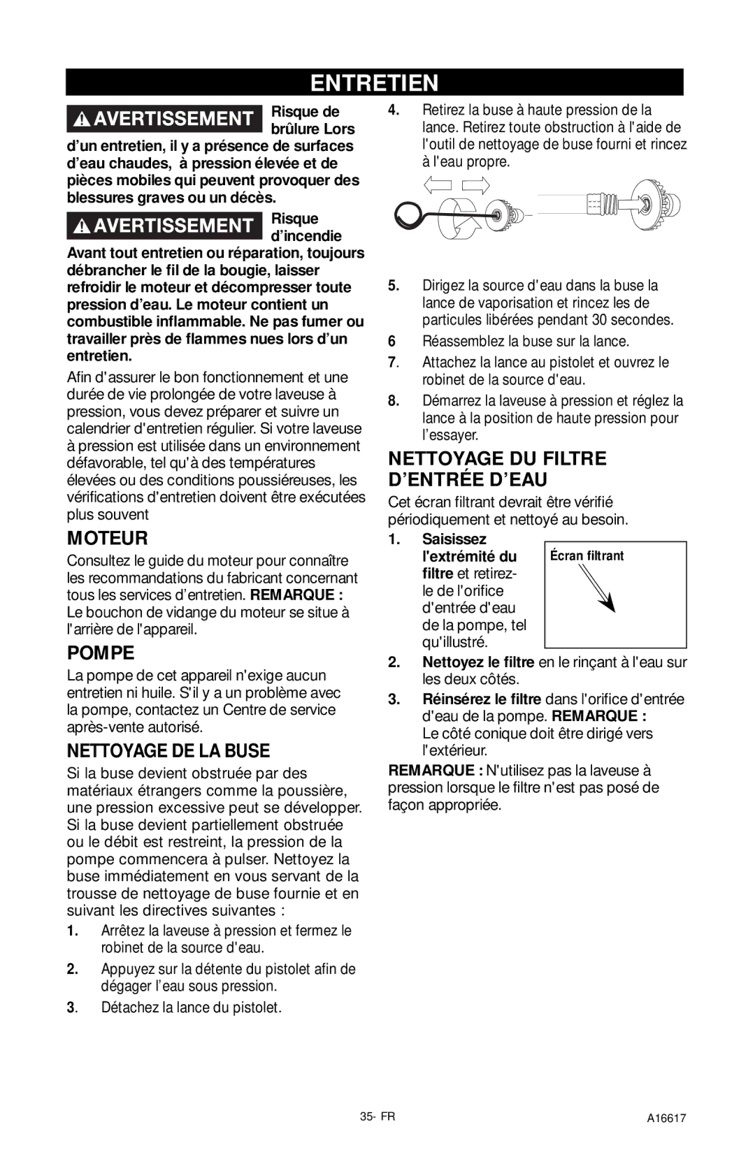 DeVillbiss Air Power Company A16617 Entretien, Nettoyage DU Filtre ’ENTRÉE D’EAU, Moteur, Pompe, Nettoyage DE LA Buse 