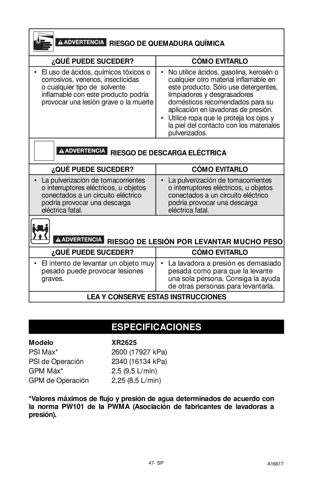 DeVillbiss Air Power Company A16617, XR2625 operation manual Riesgo DE Quemadura Química, LEA Y Conserve Estas Instrucciones 