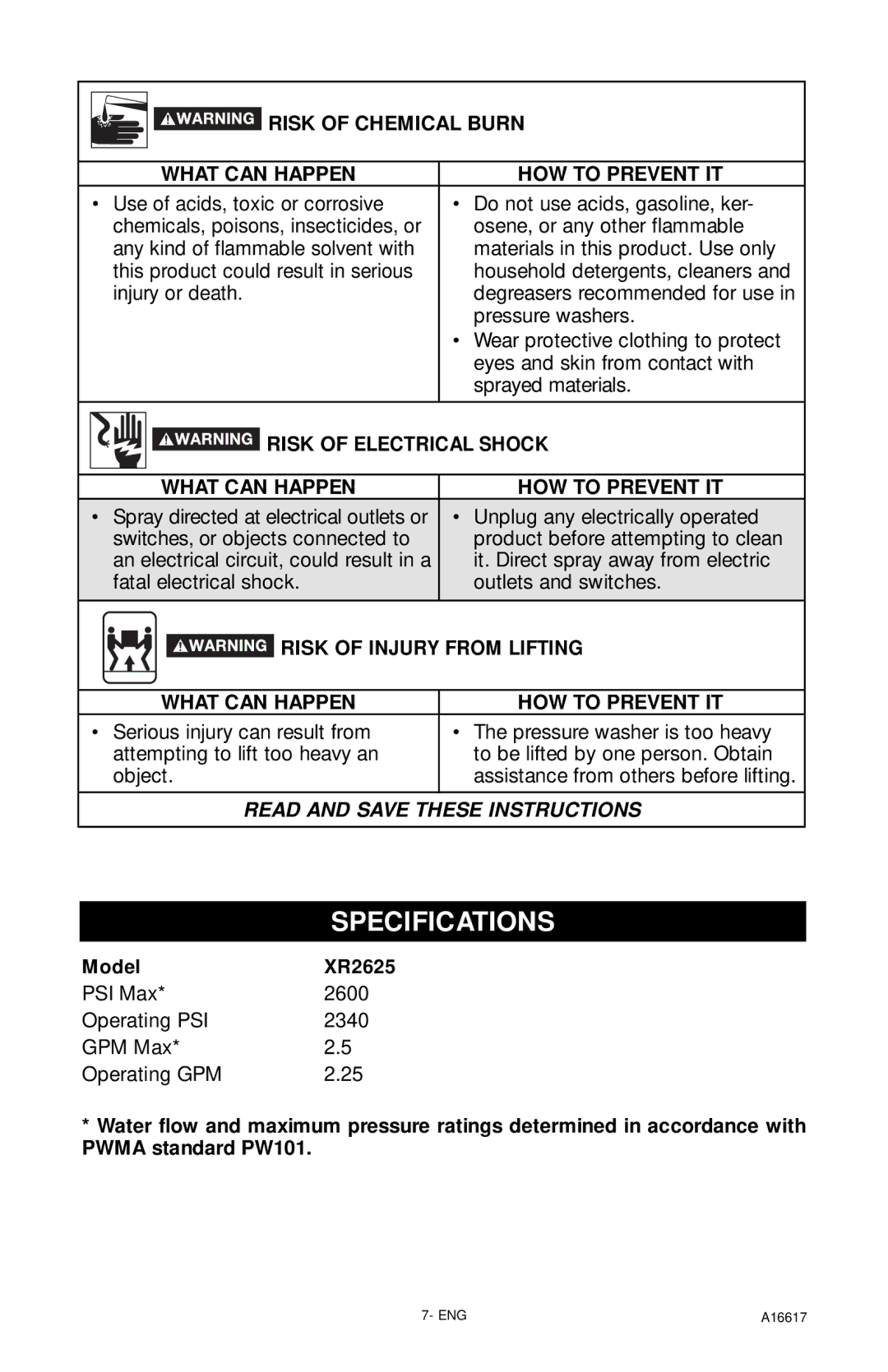 DeVillbiss Air Power Company A16617, XR2625 Specifications, Risk of Chemical Burn What can Happen HOW to Prevent IT 