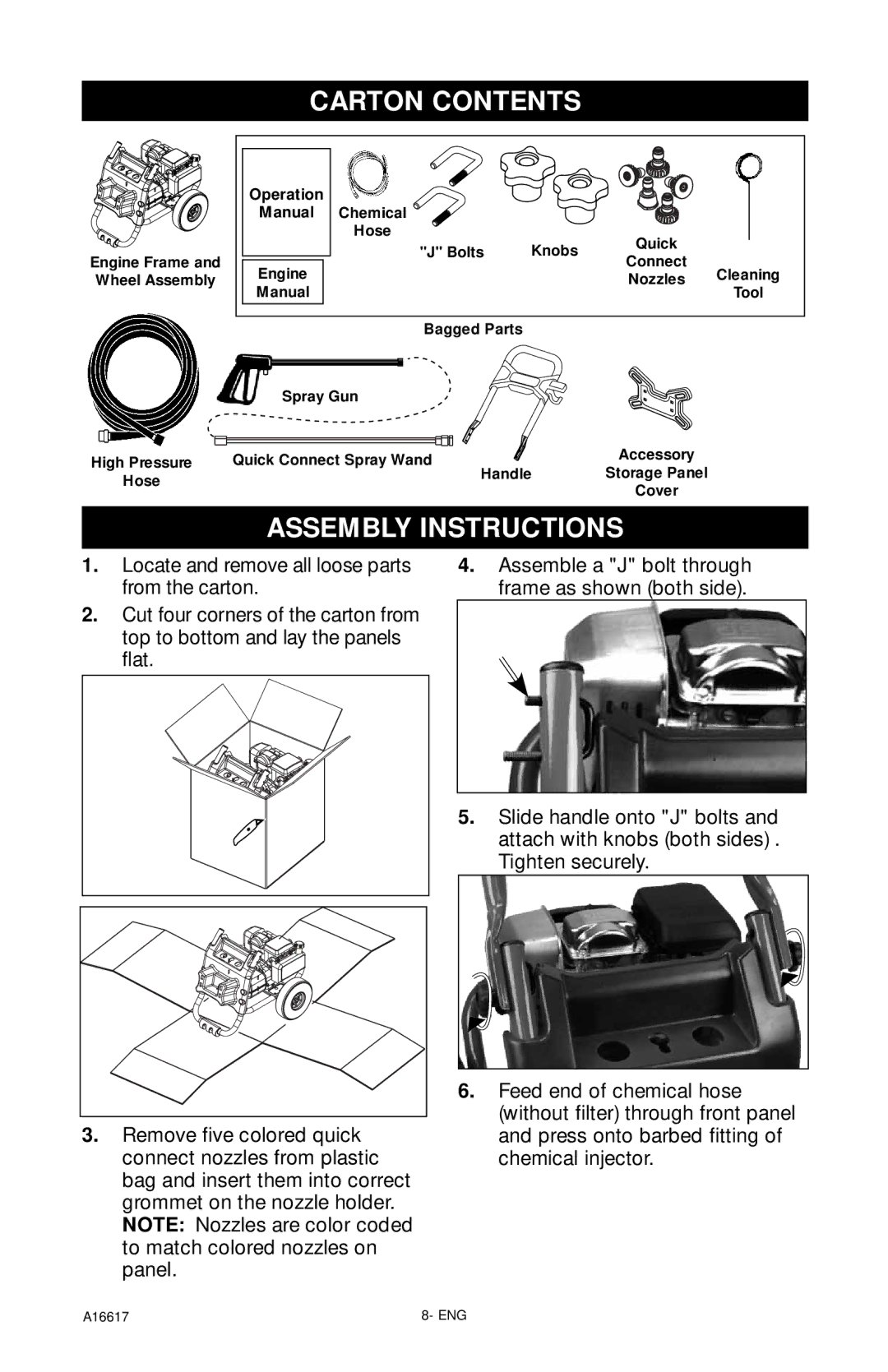 DeVillbiss Air Power Company XR2625, A16617 operation manual Carton Contents, Assembly Instructions 