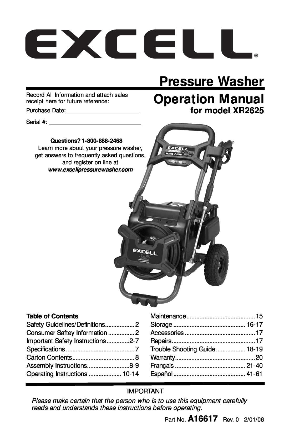 DeVillbiss Air Power Company A16617 operation manual Pressure Washer, Operation Manual, for model XR2625 