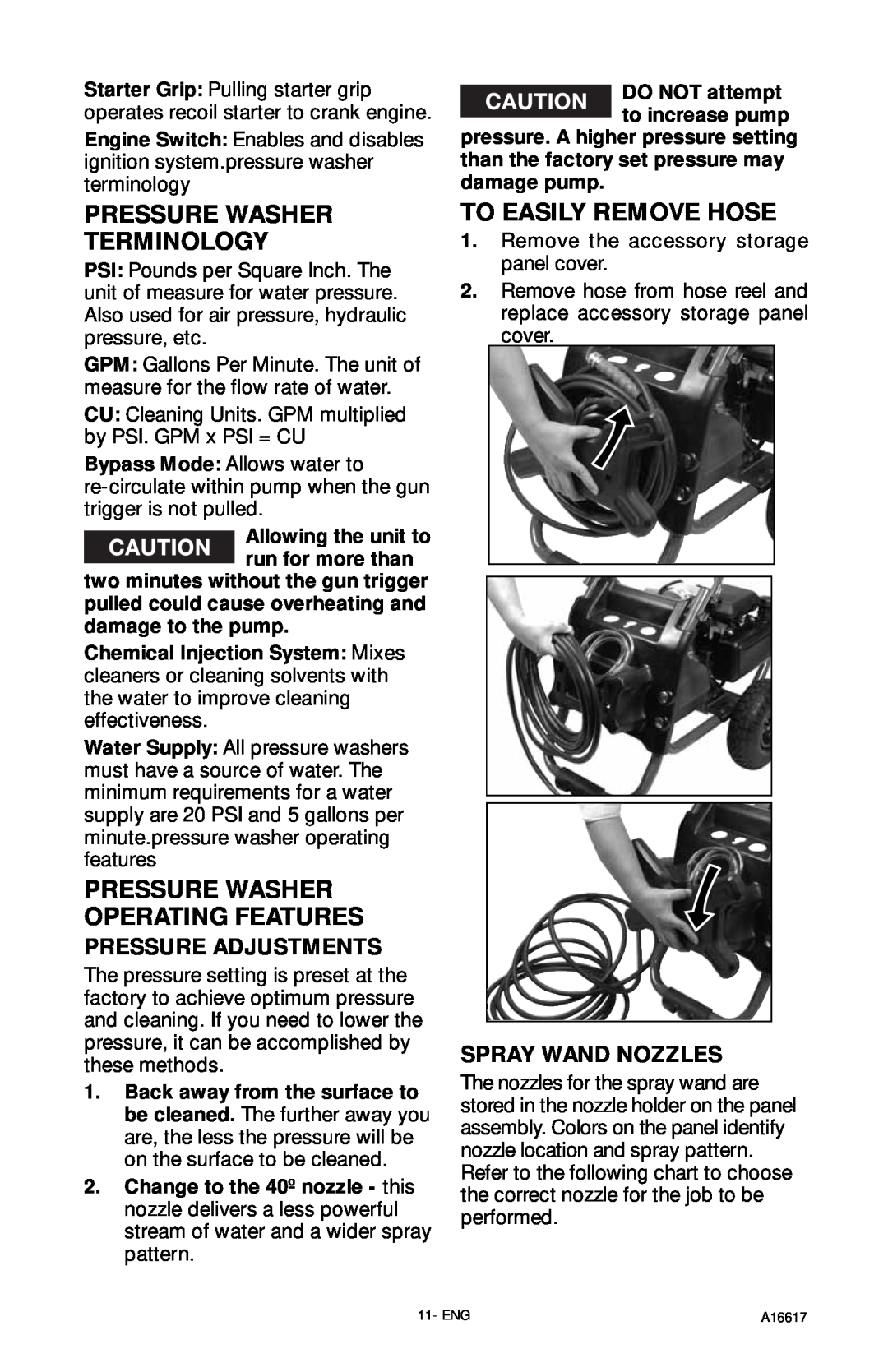 DeVillbiss Air Power Company A16617, XR2625 Pressure Washer Terminology, To Easily Remove Hose, Pressure Adjustments 