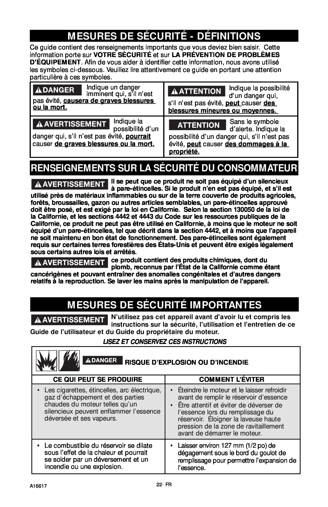 DeVillbiss Air Power Company XR2625 Mesures De Sécurité - Définitions, Renseignements Sur La Sécurité Du Consommateur 