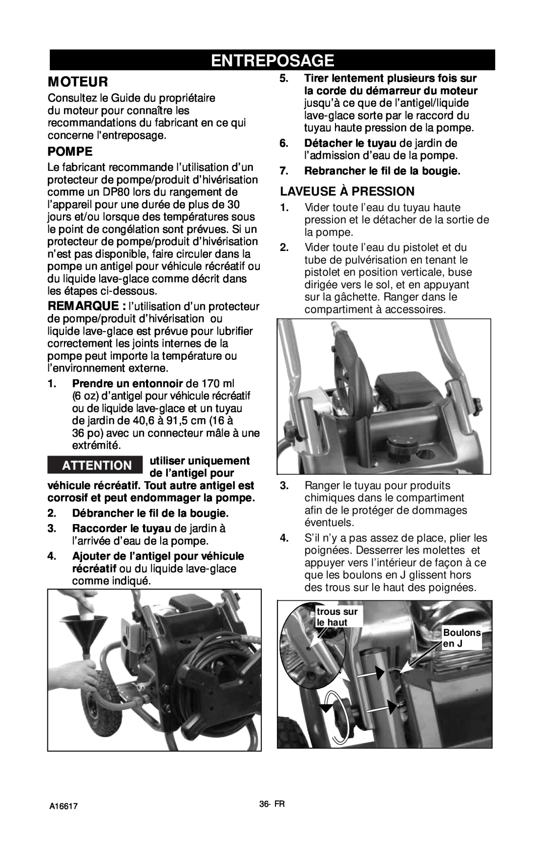 DeVillbiss Air Power Company XR2625, A16617 operation manual Entreposage, Moteur, Pompe, Laveuse À Pression 