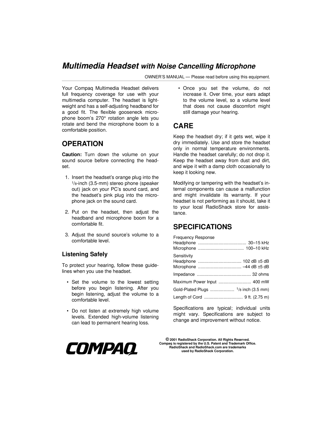 DeWalt 06A01 specifications Multimedia Headset with Noise Cancelling Microphone, Operation, Care, Specifications 